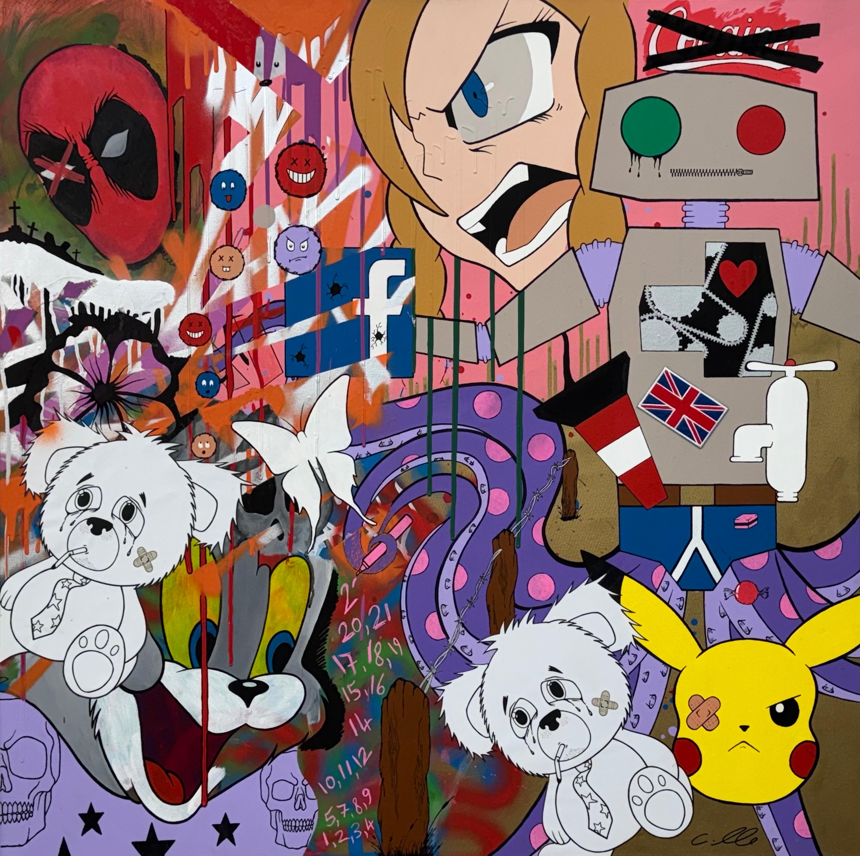 Chris Pegg Figurative Painting – Pop Casualties - Explosive urbane Manga-Pop-Art mit roher Gesellschaftskritik