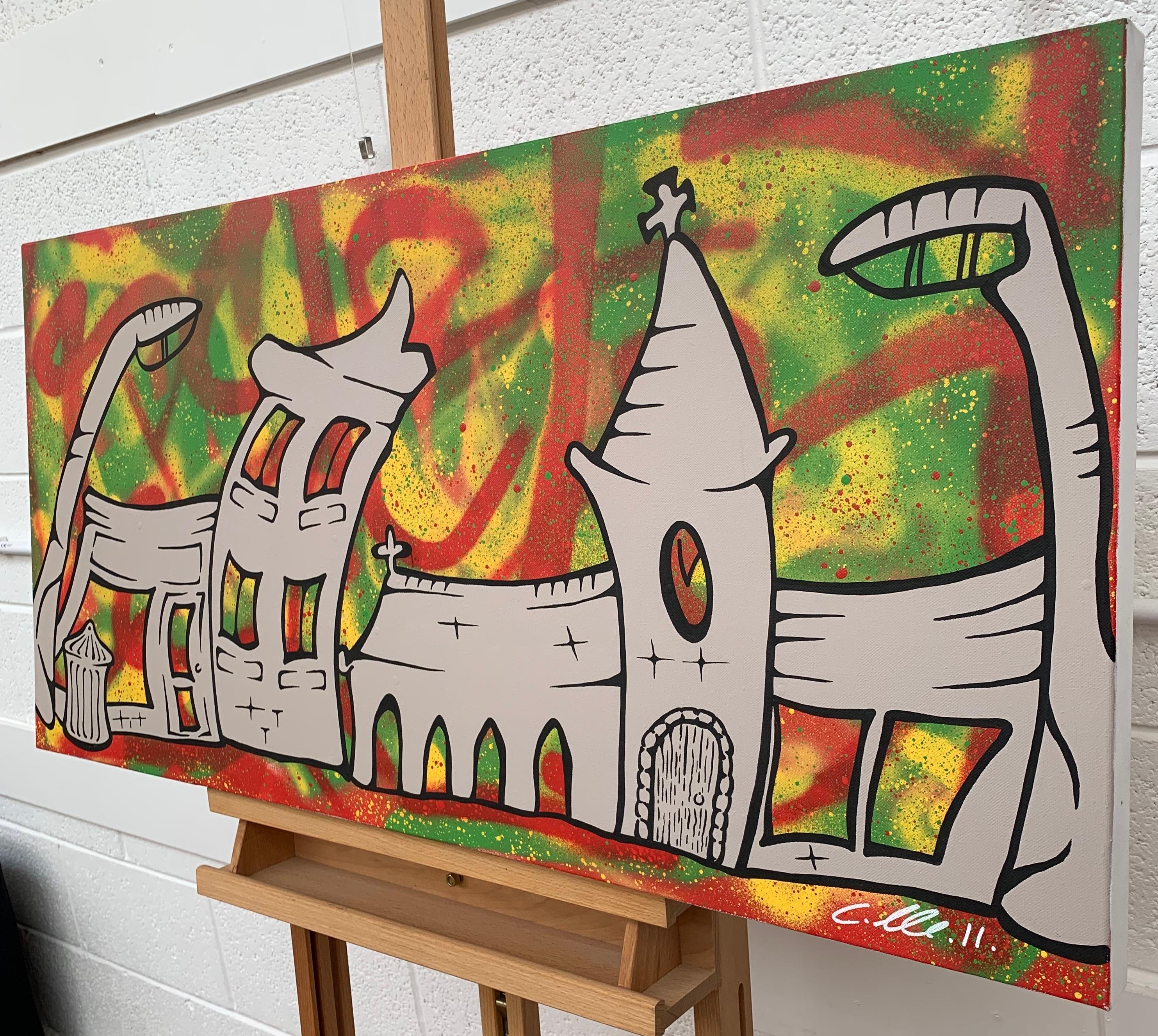  Rue argentée avec fond abstrait Pop Art par l'artiste britannique de graffiti urbain, Chris Pegg. Chris Pegg est un artiste de rue autodidacte qui produit des œuvres à forte connotation sociale.  Son travail s'inspire d'artistes tels que Mr