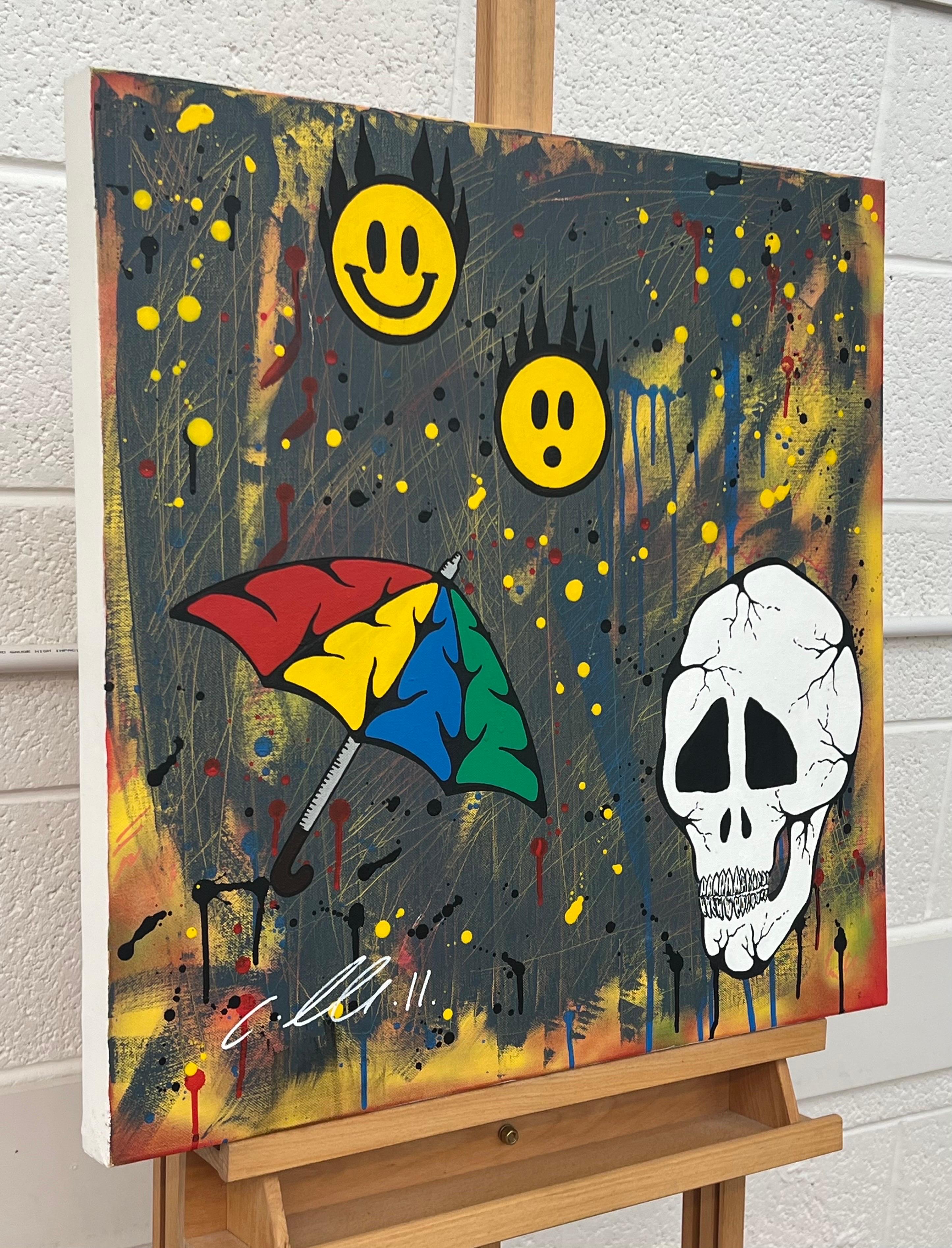 Skull and Emoji Pop Art on Abstract Background by British Graffiti Artist - Painting by Chris Pegg