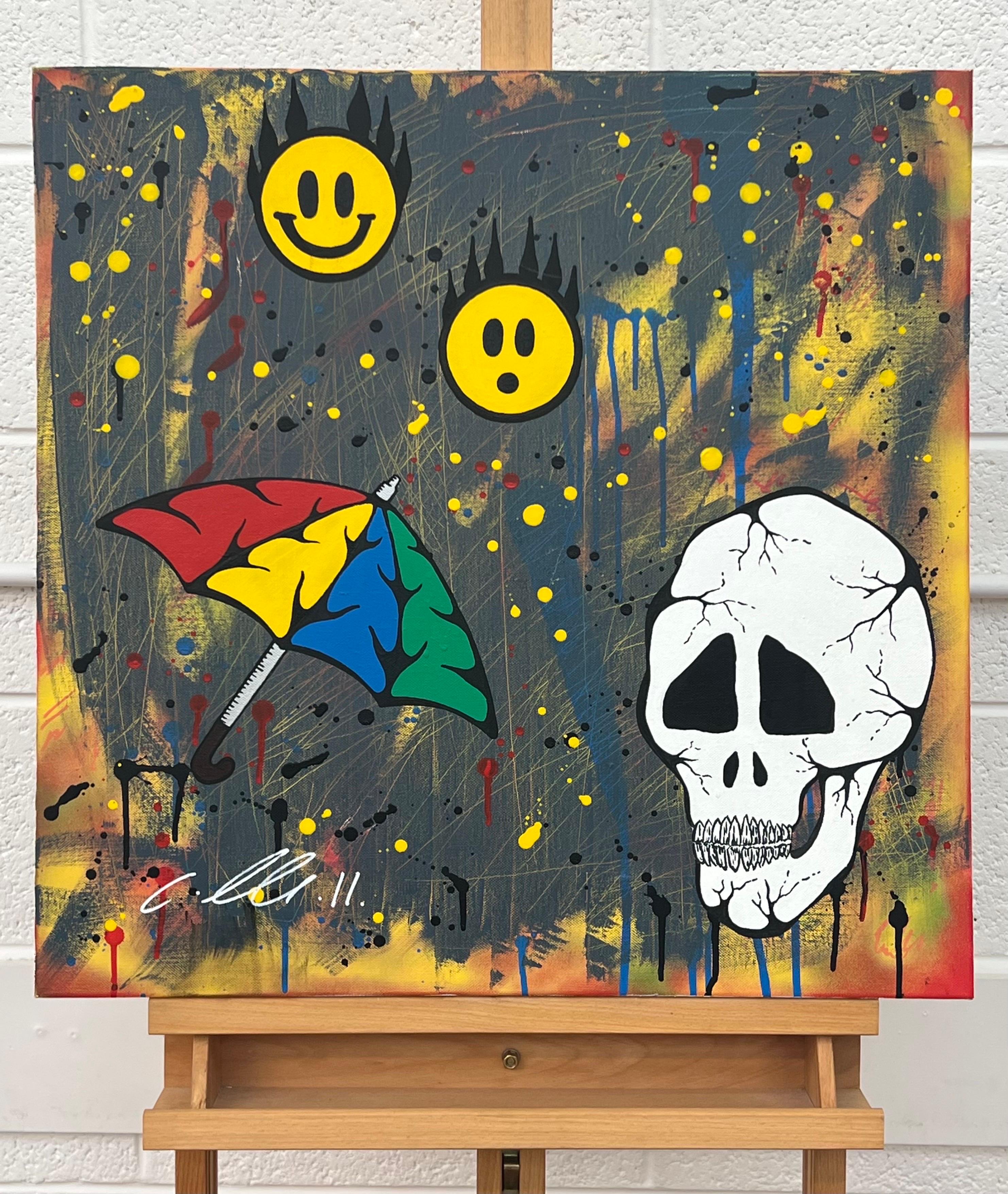 Skull & Emoji Cartoon Pop Art sur fond abstrait par l'artiste britannique de graffiti urbain, Chris Pegg. Chris Pegg est un Artiste de rue autodidacte qui produit des œuvres d'art avec un commentaire social fort. 

Son travail s'inspire d'artistes