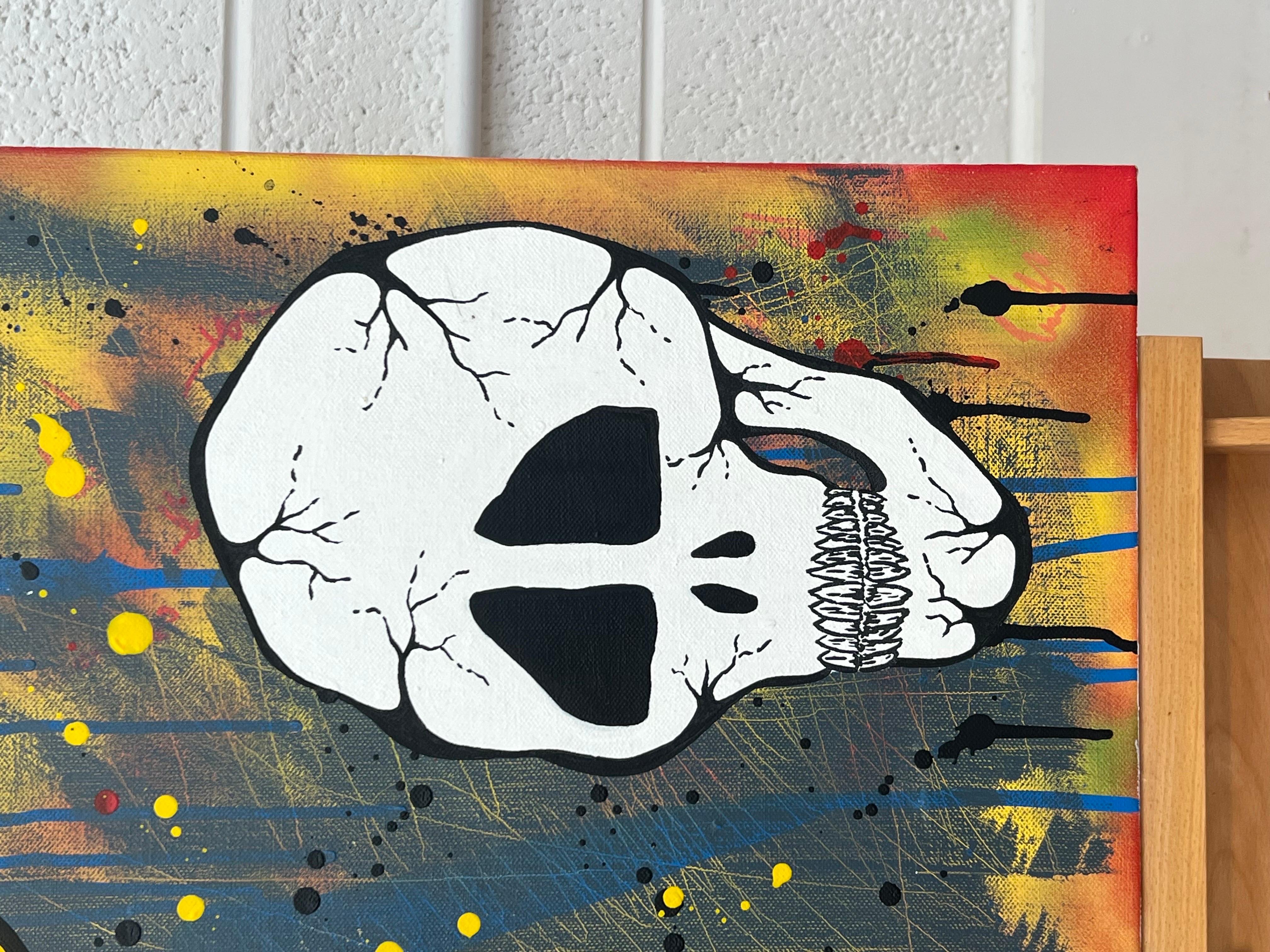 Skull & Emoji Cartoon Pop Art on Abstract Background by British Urban Graffiti Artist, Chris Pegg. Chris Pegg is a self-taught Street Artist producing artwork with a strong social commentary. 

His work is inspired by artists such as Mr Brainwash