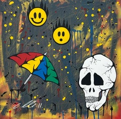 Skull and Emoji Pop Art on Abstract Background by British Graffiti Artist
