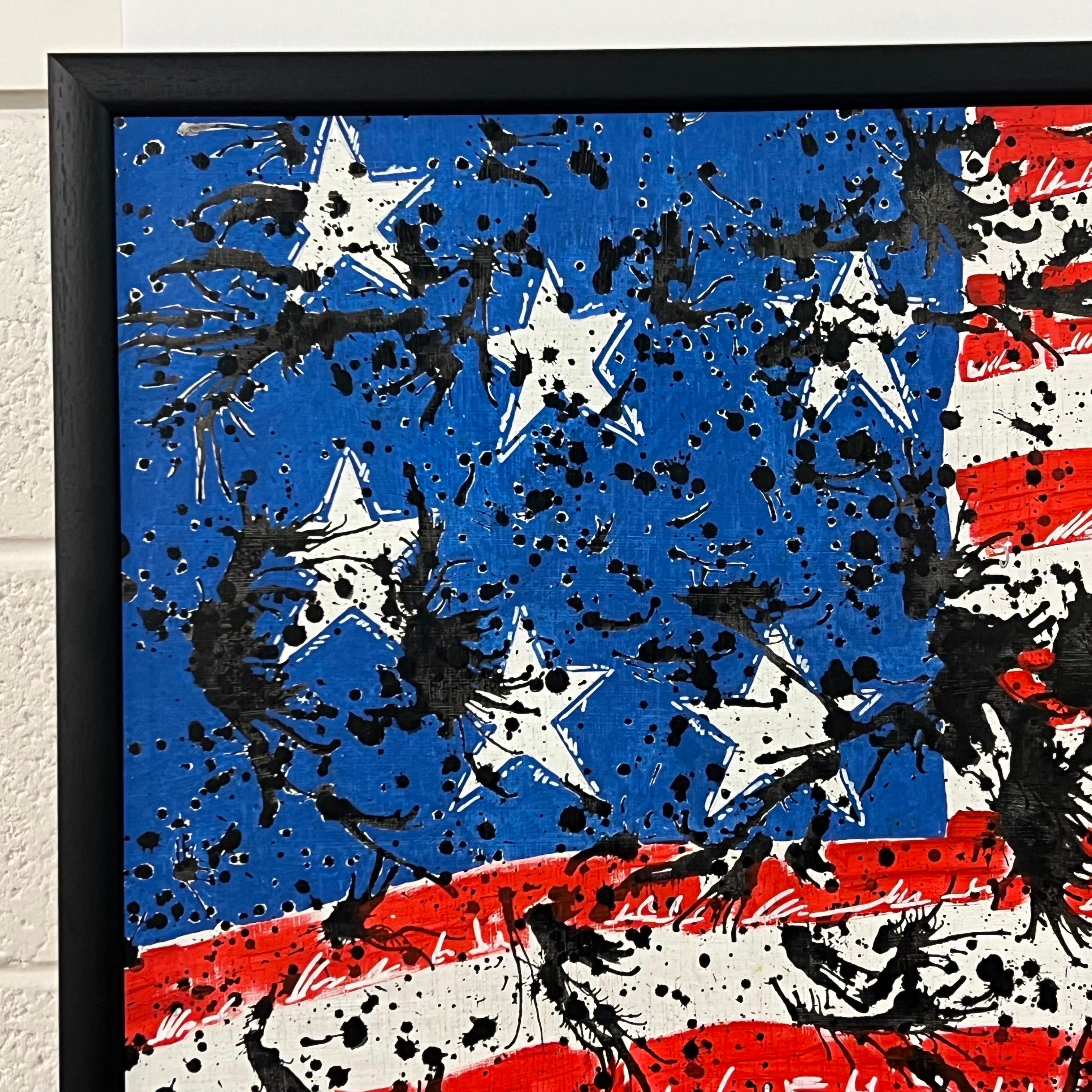 Stars & Stripes Painting entitled 'A Bit Rich' by British Urban Graffiti Artist, Chris Pegg, using red, white, black & blue. Chris Pegg is a self-taught Street Artist producing artwork with a strong social commentary. 

Art measures 24 x 24 inches