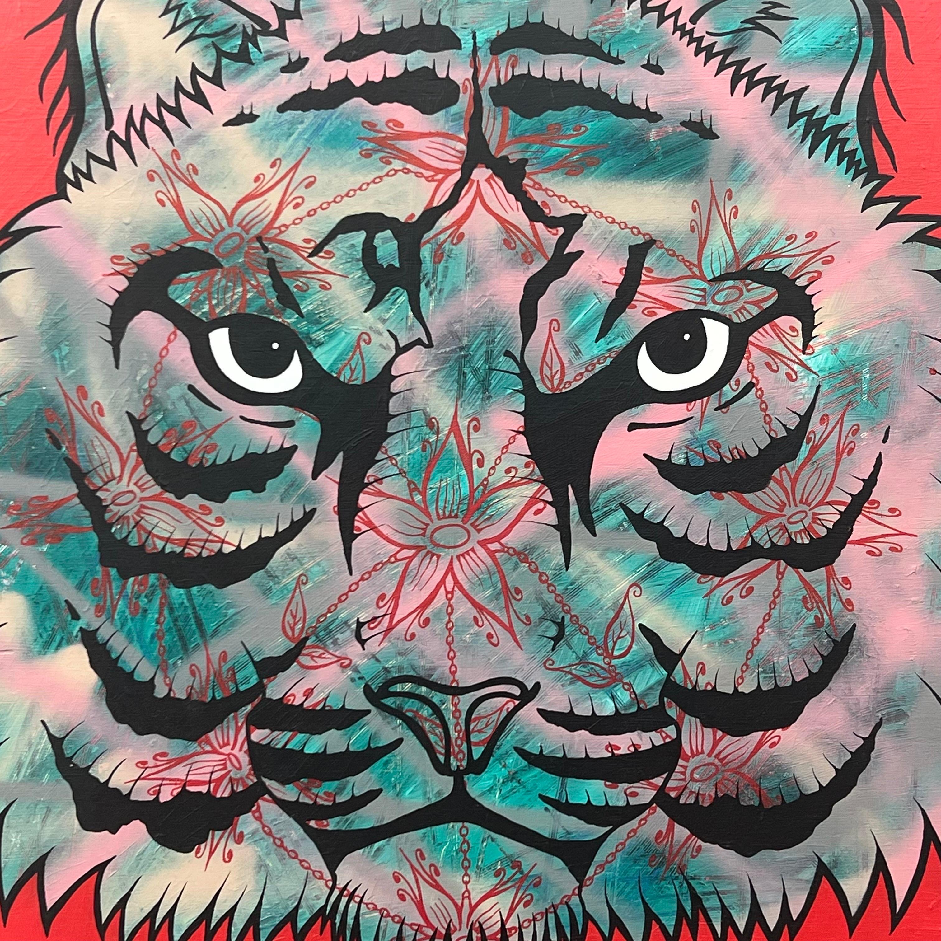 Tiger Portrait Pop Art with Floral Mandala in Chains by British Graffiti Artist - Painting by Chris Pegg