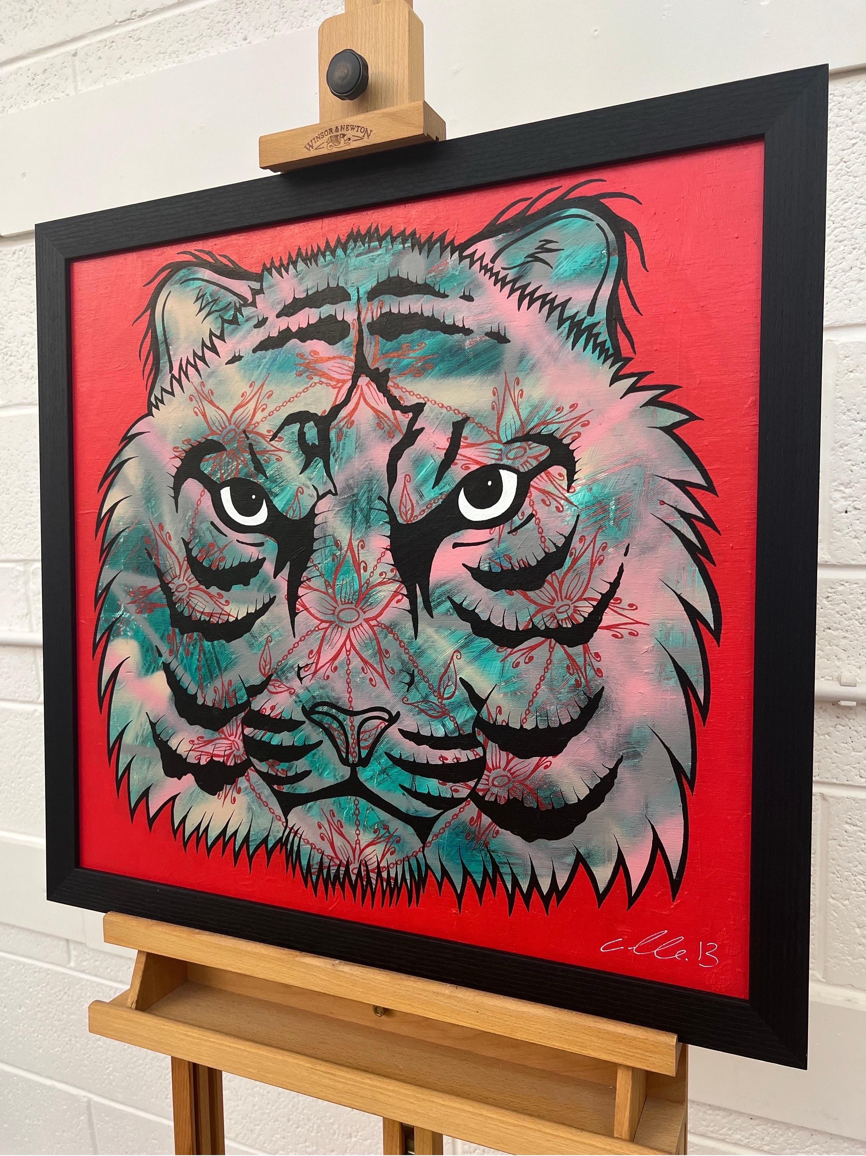 Tiger Portrait Pop Art with Floral Mandala in Chains by British Urban Graffiti Artist, Chris Pegg, using red, pink & turquoise. Chris Pegg is a self-taught Street Artist producing artwork with a strong social commentary.  

His work is inspired by
