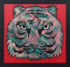 Tiger-Porträt- Pop-Art mit floralem Mandala in Ketten des britischen Graffiti-Künstlers