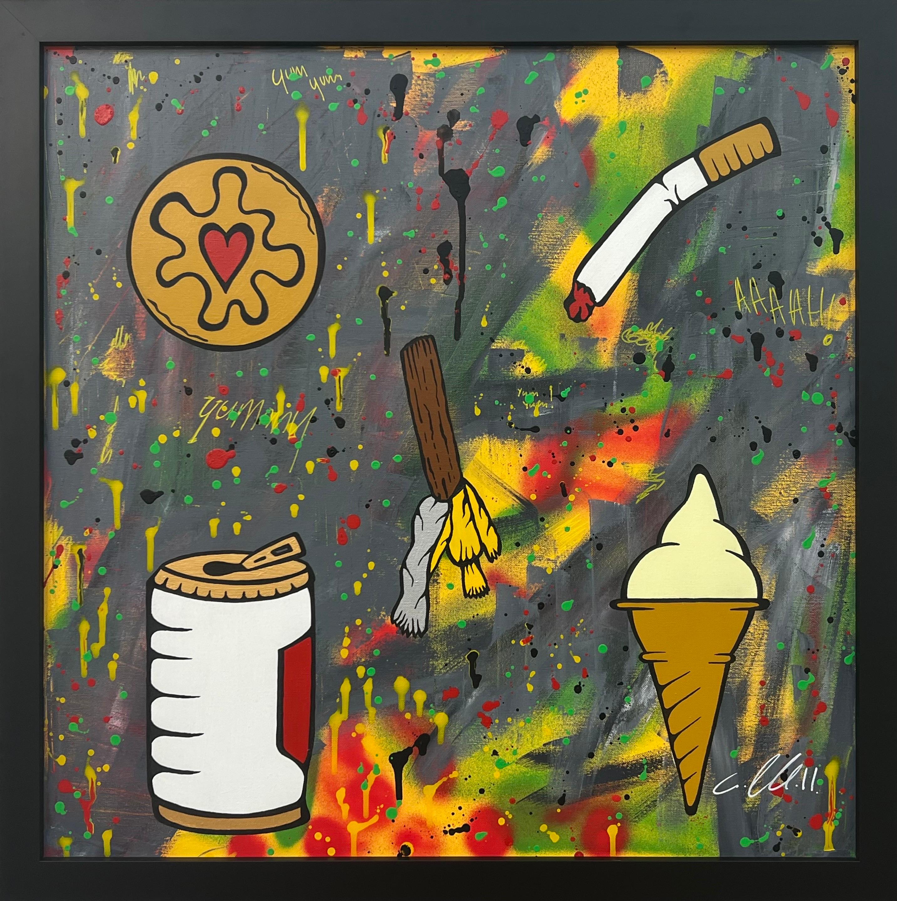 Yummy Sweets & Treats Pop Art sobre fondo abstracto del artista británico de graffiti