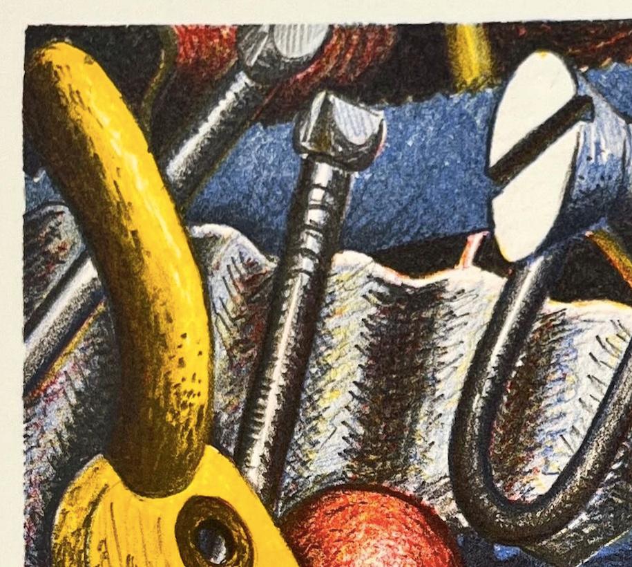 Odds and Ends, 1987 - Colourful Lithograph Print with Screws and Metalwork Items - Brown Figurative Print by Chris Plowman