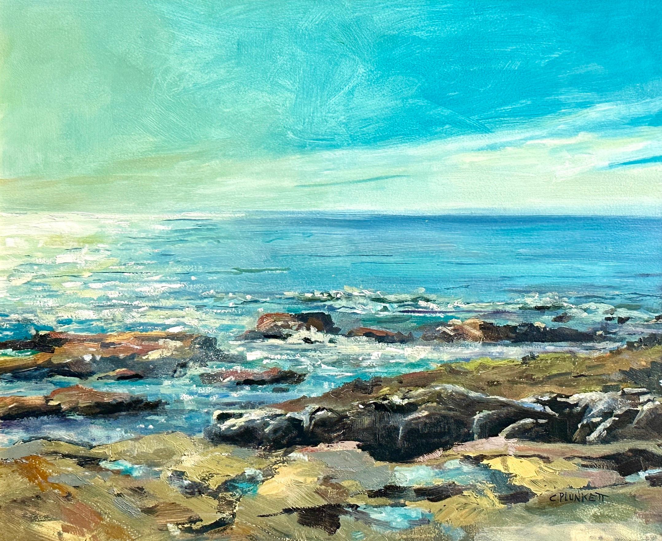 "Bass Rocks" is an 20 x 24 inch original plein air oil painting by contemporary landscape painter Chris Plunkett. Painted on location in Cape Ann, Massachusetts, "Bass Rocks" showcases Plunkett's deft use of color and texture in a stunning