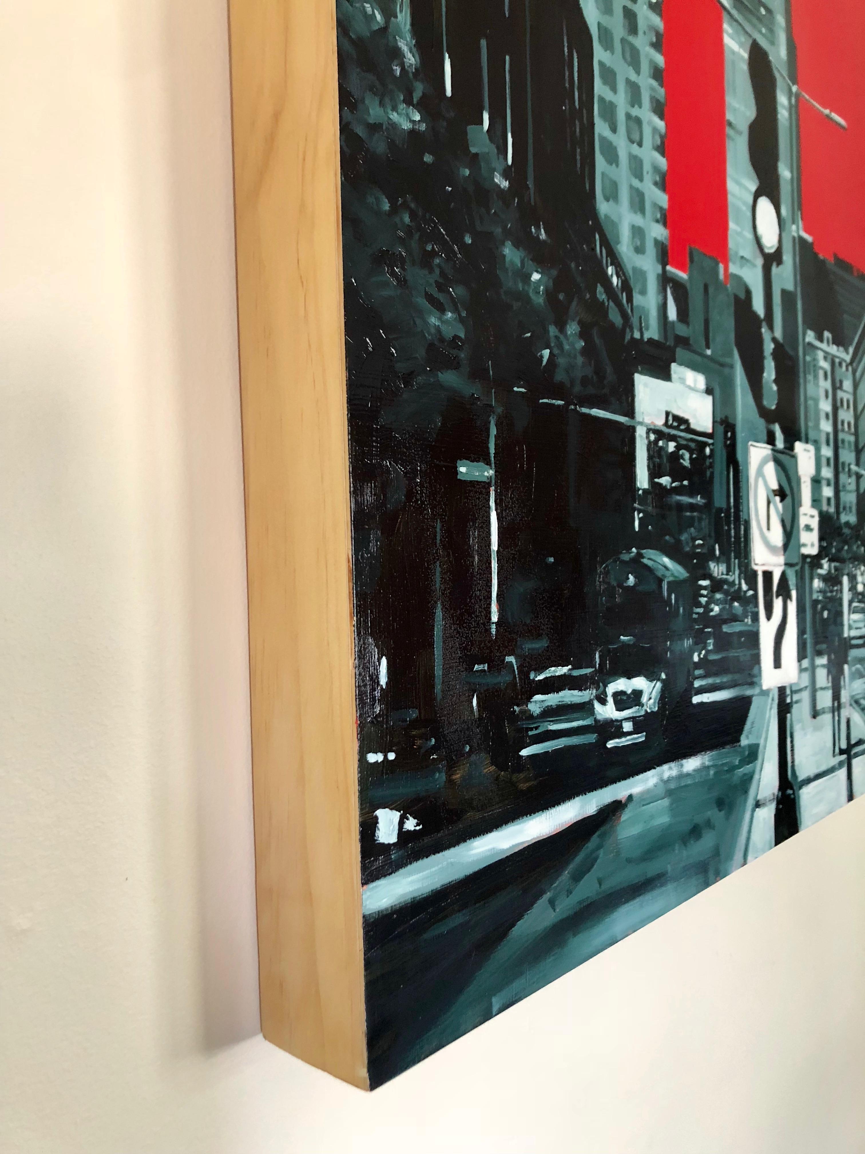 Chris Plunkett’s “East Berkeley and Harrison Ave” is a 30 x 30 inch oil painting on cradled birch wood panel and is part of his “Red Sky” series. This monochromatic cityscape painting pairs a greyscale snapshot of Boston’s urban landscape with a