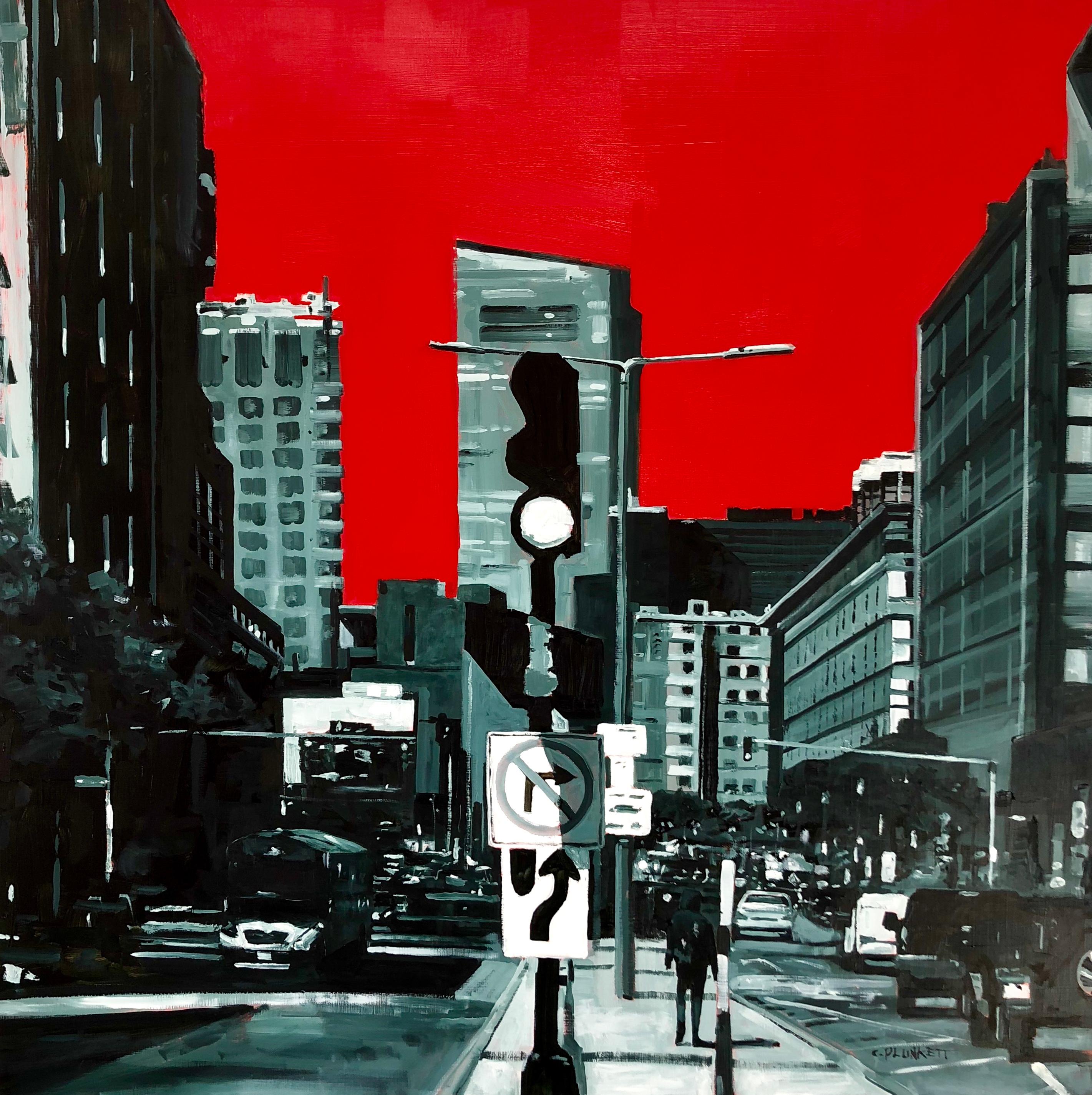 Landscape Painting Chris Plunkett - "East Berkeley and Harrison Ave", paysage urbain, Boston, rouge, noir, peinture à l'huile