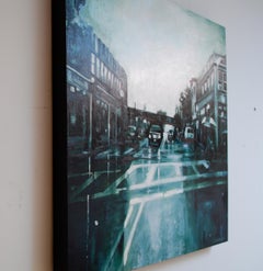 "Fields Corner No. 3", Chris Plunkett, oil painting, cityscape, Boston, blue