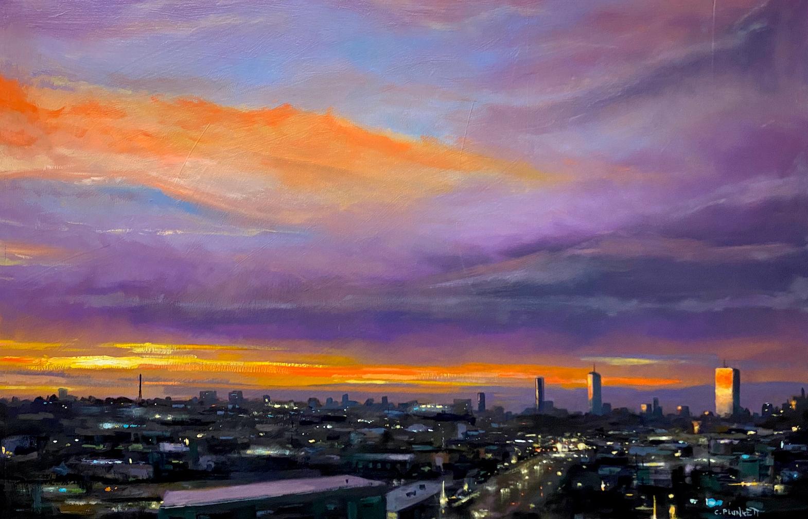 Landscape Painting de Chris Plunkett - "Atardecer púrpura", Paisaje urbano contemporáneo, Ciudad, Pintura al óleo, 2021