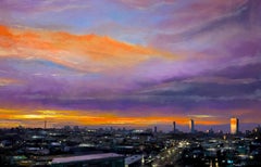 "Viola al tramonto", Paesaggio urbano contemporaneo, Città, Pittura a olio, 2021