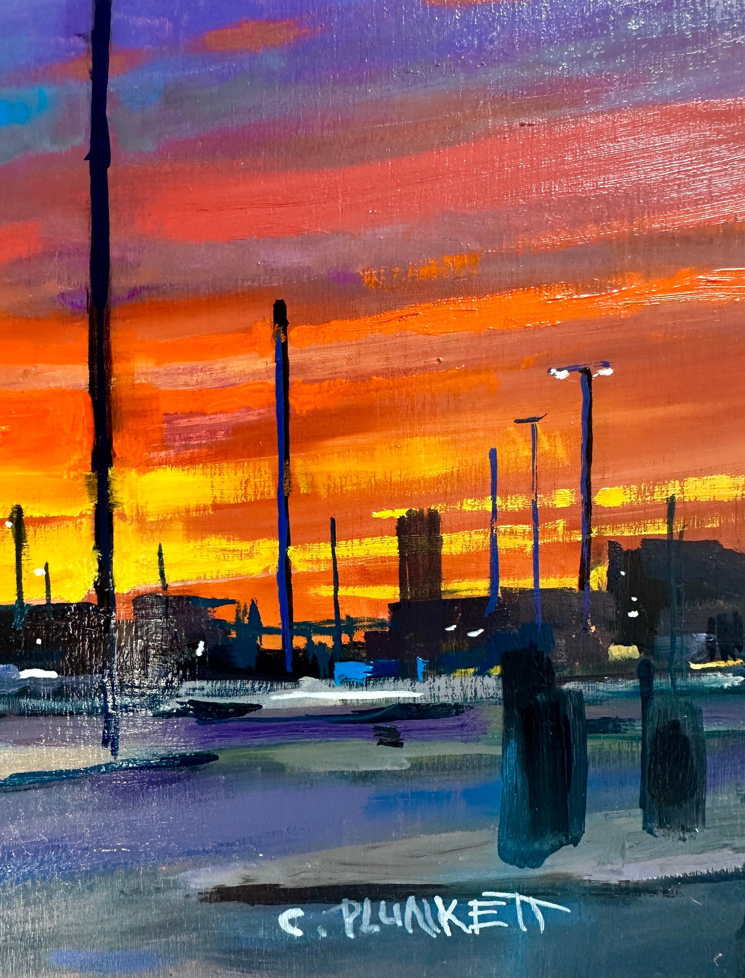 Chris Plunkett’s “Sunrise at the Docks” is an 8 x 24 x 1.5 inch oil painting on wood panel and is part of his “Urban Landscape” series. In this piece, Plunkett captures the light, and its playfulness between subject and space. The combination