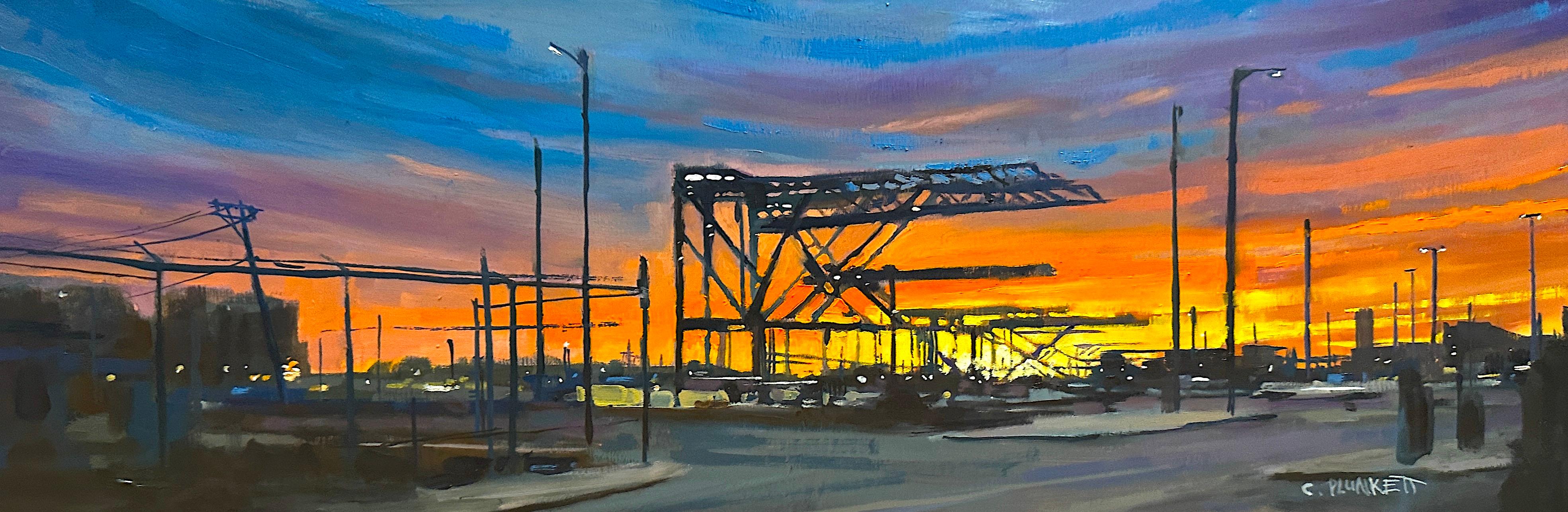 Chris Plunkett Landscape Painting - "Sunrise at the Docks", Impressionist, Urban, Landscape, Oil Painting, 2023