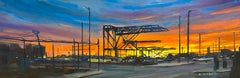 "Alba al porto", pittura a olio impressionista, urbana, paesaggio