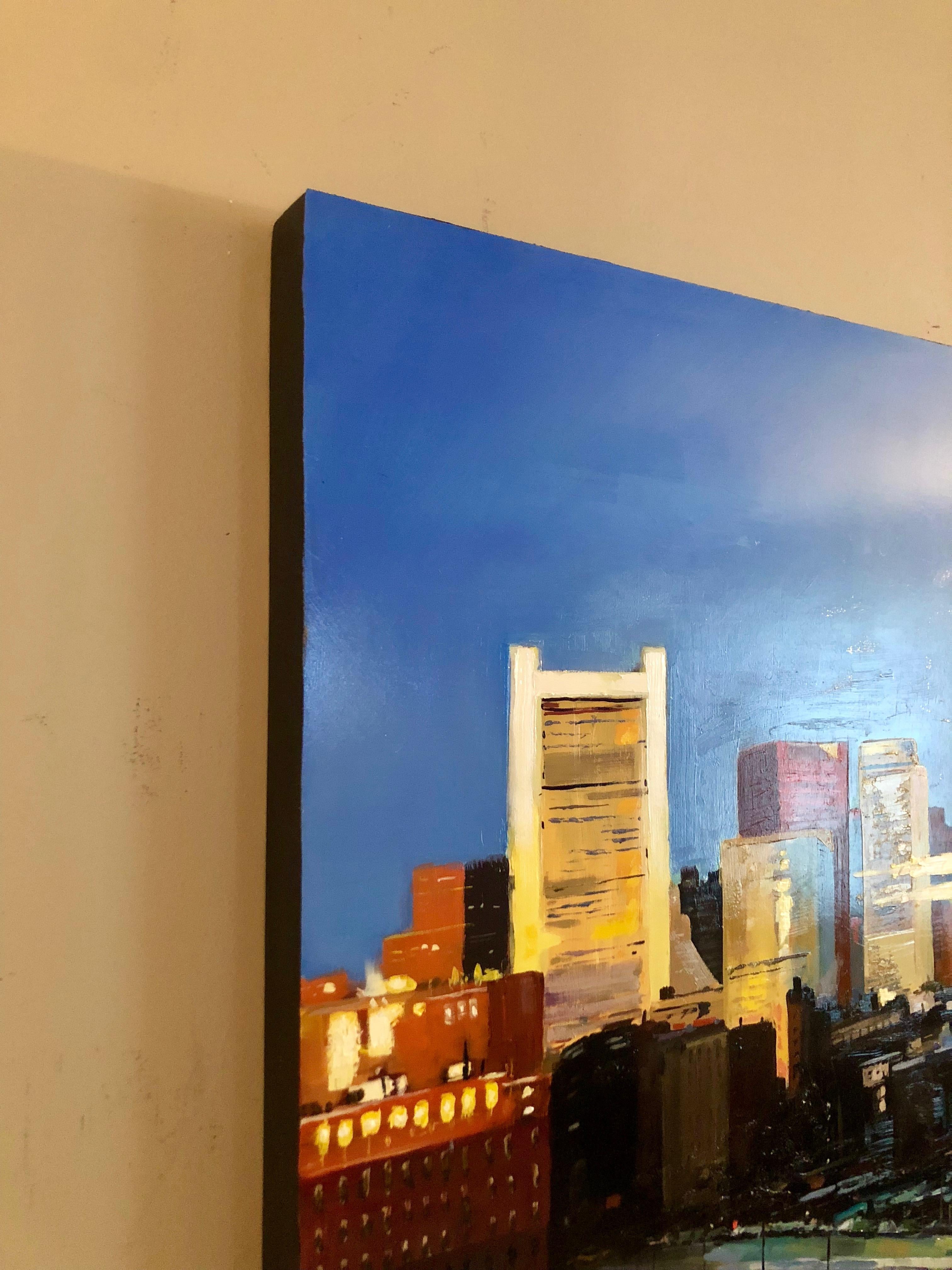Chris Plunkett’s “Sunrise Over the City” is a 24 x 24 inch oil painting that is part of an ongoing cityscape and urban landscape series. This painting comes fully varnished with a UV protectant archival gloss finish. It hangs easily with a wire on