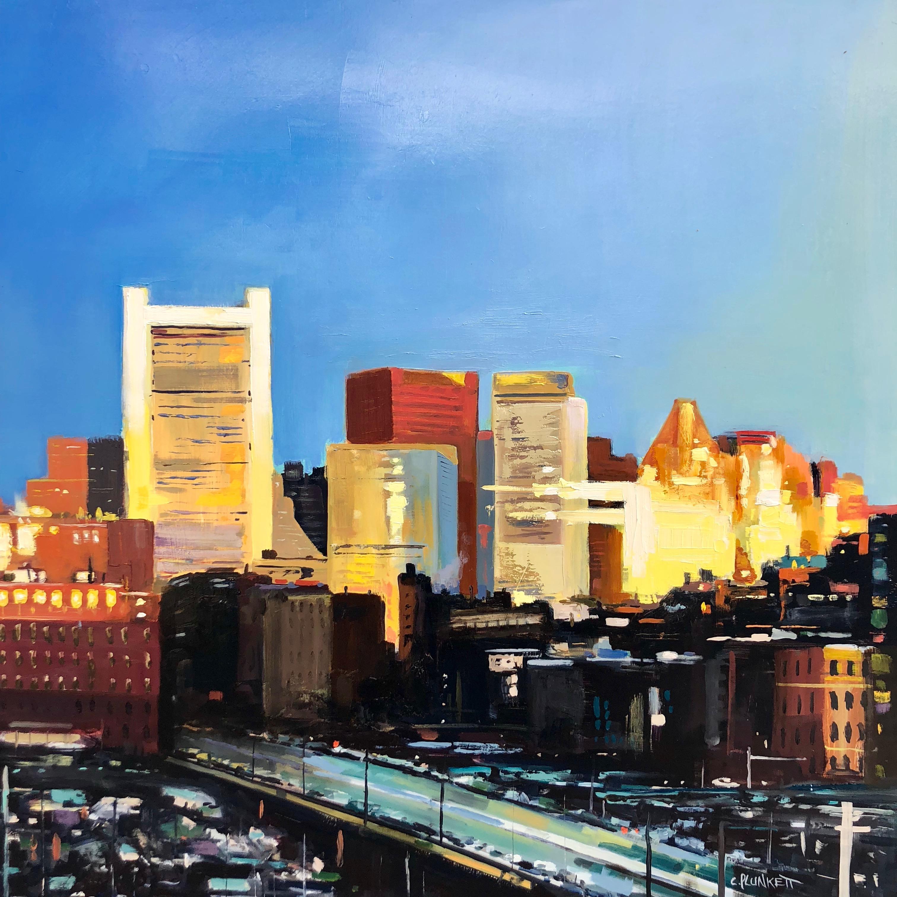 "Sunrise Over the City", oil painting, cityscape, urban landscape, bold - Painting by Chris Plunkett