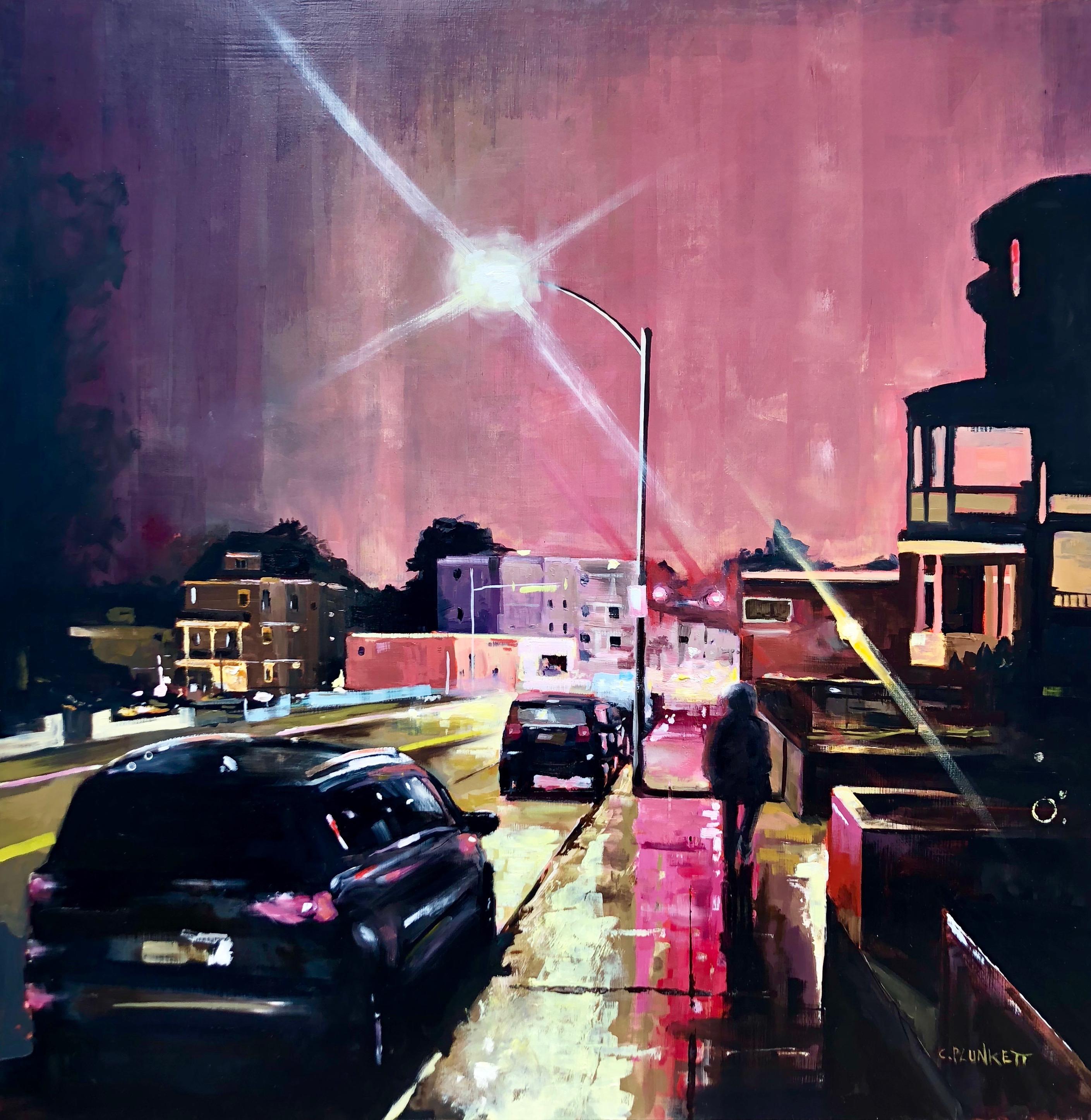 "Walking Up Adams", paysage urbain, nuit, rouge, noir, peinture à l'huile - Painting de Chris Plunkett