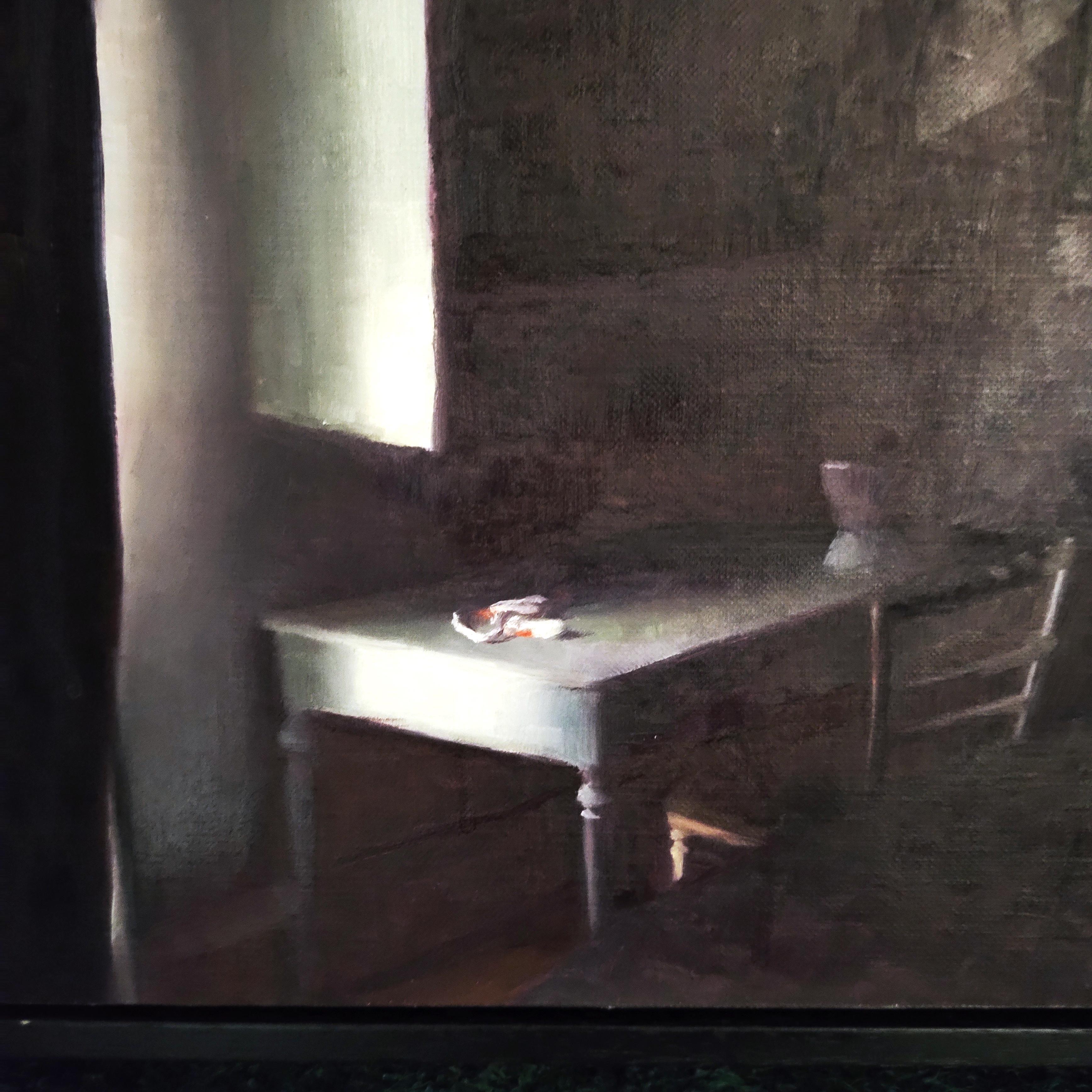 Original Oil on Linen painting, sold framed (framed in block wood frame (painted black) by UK artist Chris Polunin. 
This piece depicts a dark bedroom interior, dimly lit from a side window, highlighting a desk and chair in the spartan room. Deeply