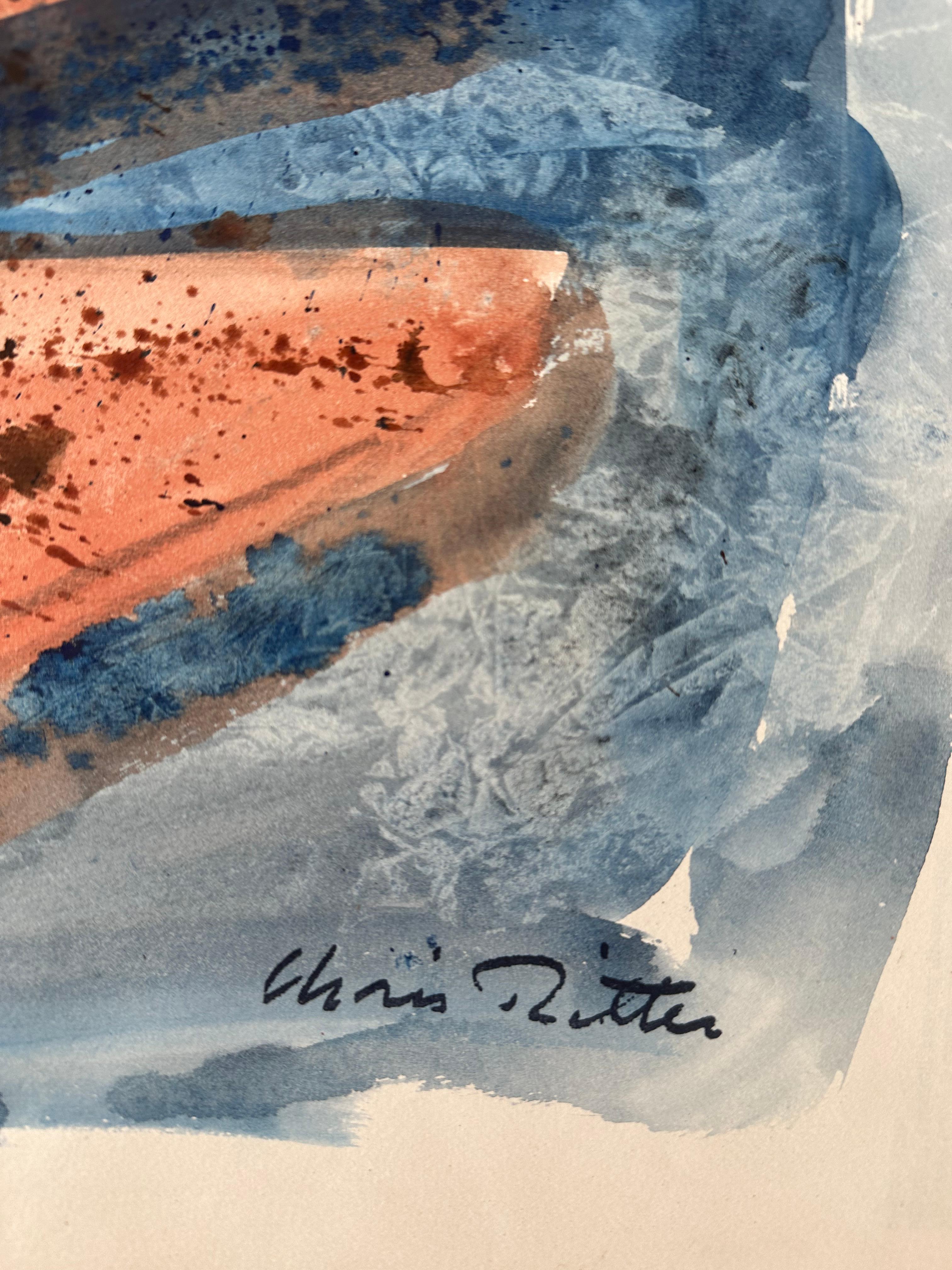 Chris Ritter (1906-1976). Abstract Composition ca. 1960. 

Watercolor on rag paper, sheet measures 17.5 x 22 inches. 

Sheet is loose and unmounted. Unframed. 

Estate stamps500 on verso. 

Chris Ritter, painter, printmaker, educator, and gallerist,