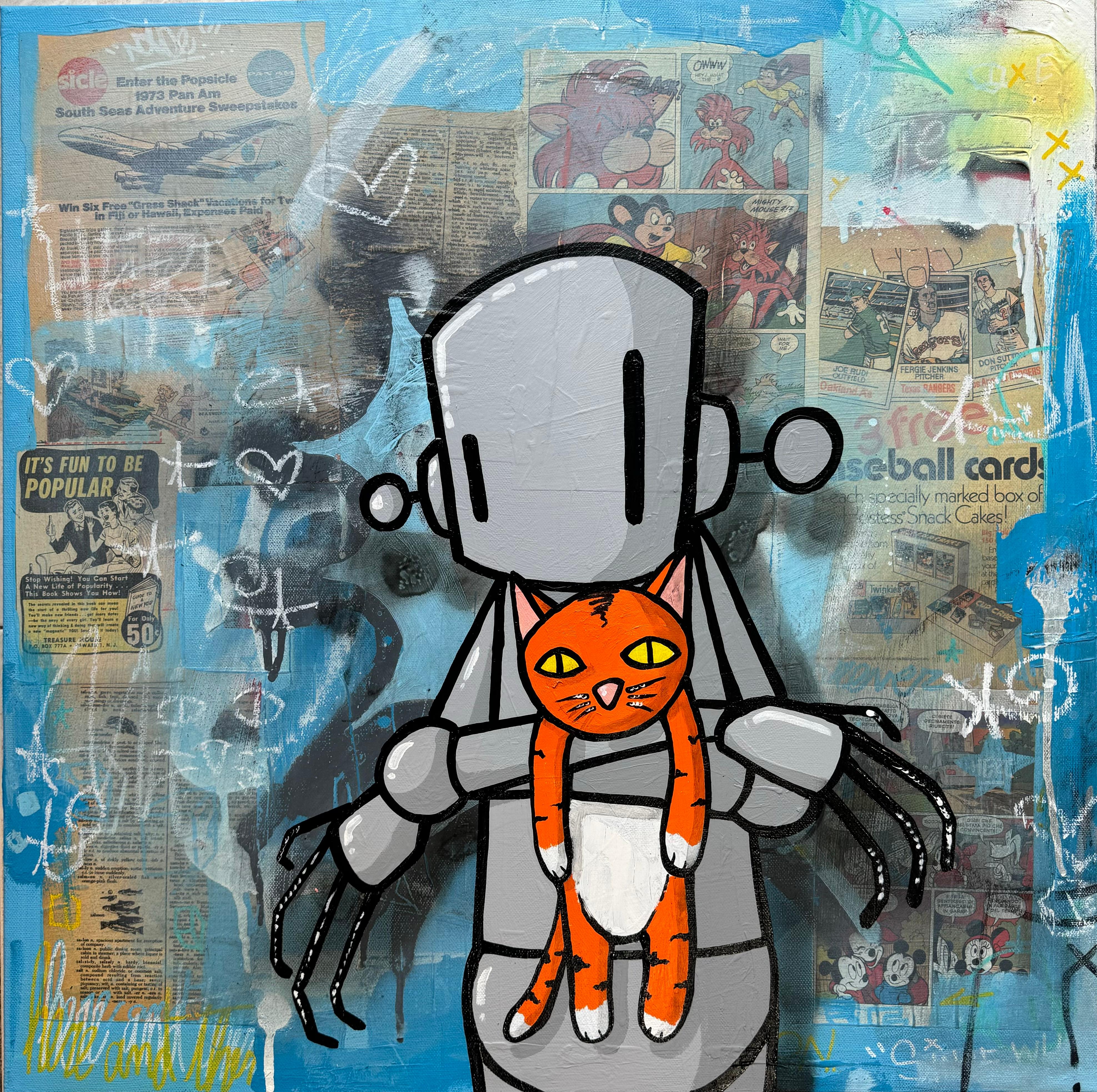Chris RWK Figurative Painting - colorful acrylic on canvas robot cat pop art contemporary street art
