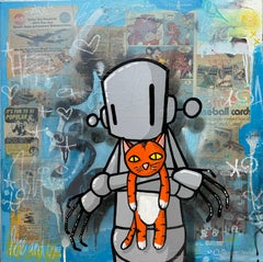 colorful acrylic on canvas robot cat pop art contemporary street art