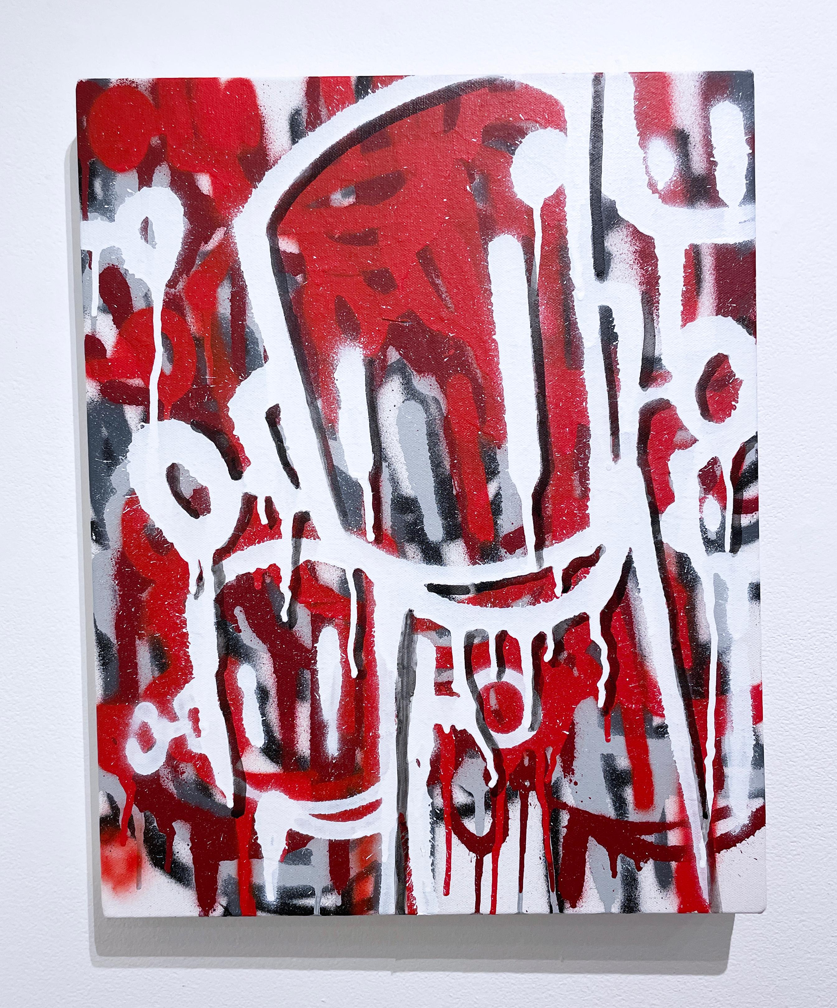 "Memories or Ghosts" (2023), Chris RWK street art, aerosol art, graffiti, comics, red drips, shadow, highlights, illustration, street artist, Staten Island, NY, New York, NYC, character, robot, robots will kill, mixed media, spray paint, drip,