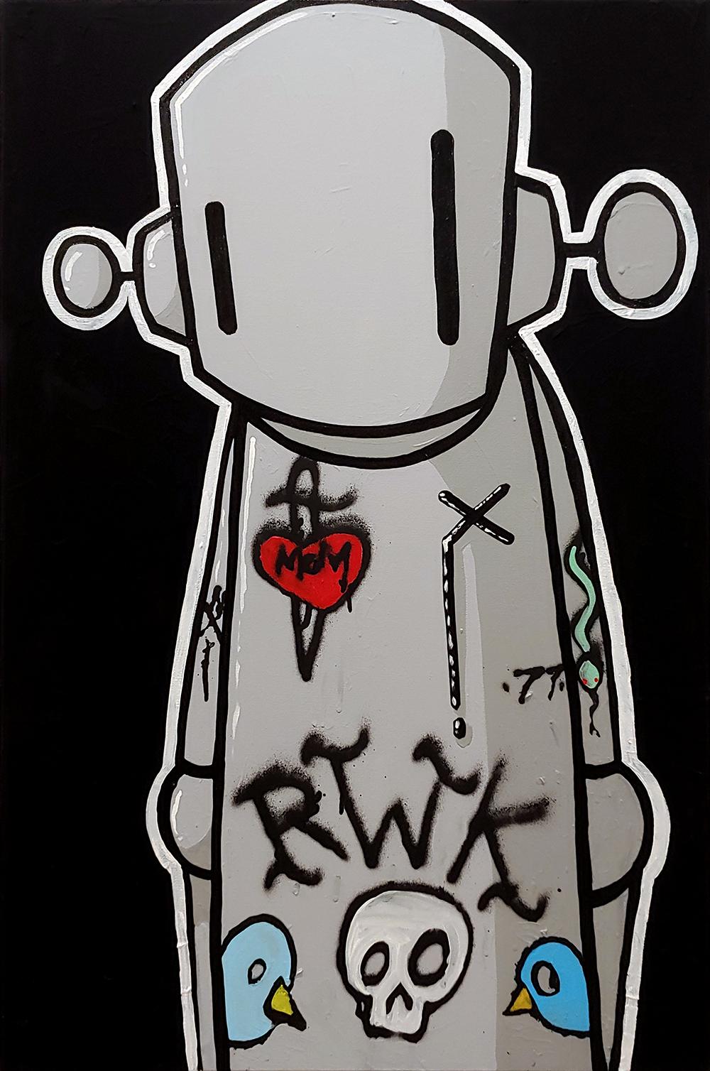 Chris RWK Figurative Painting - "Painted For Life"  The Tattooed Robot 36x24 acrylic on Canvas