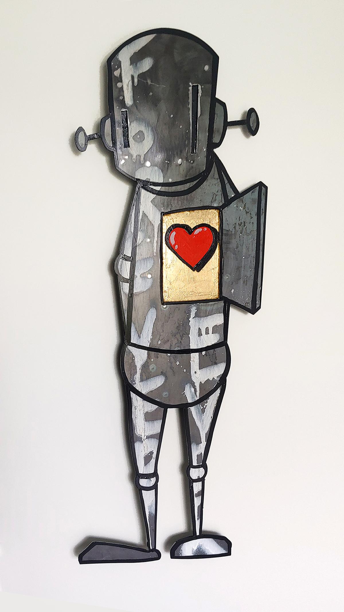 Chris RWK Figurative Painting - "Steel My Heart" take 20% off metal cutout with Gold leaf and acrylic 26x10"