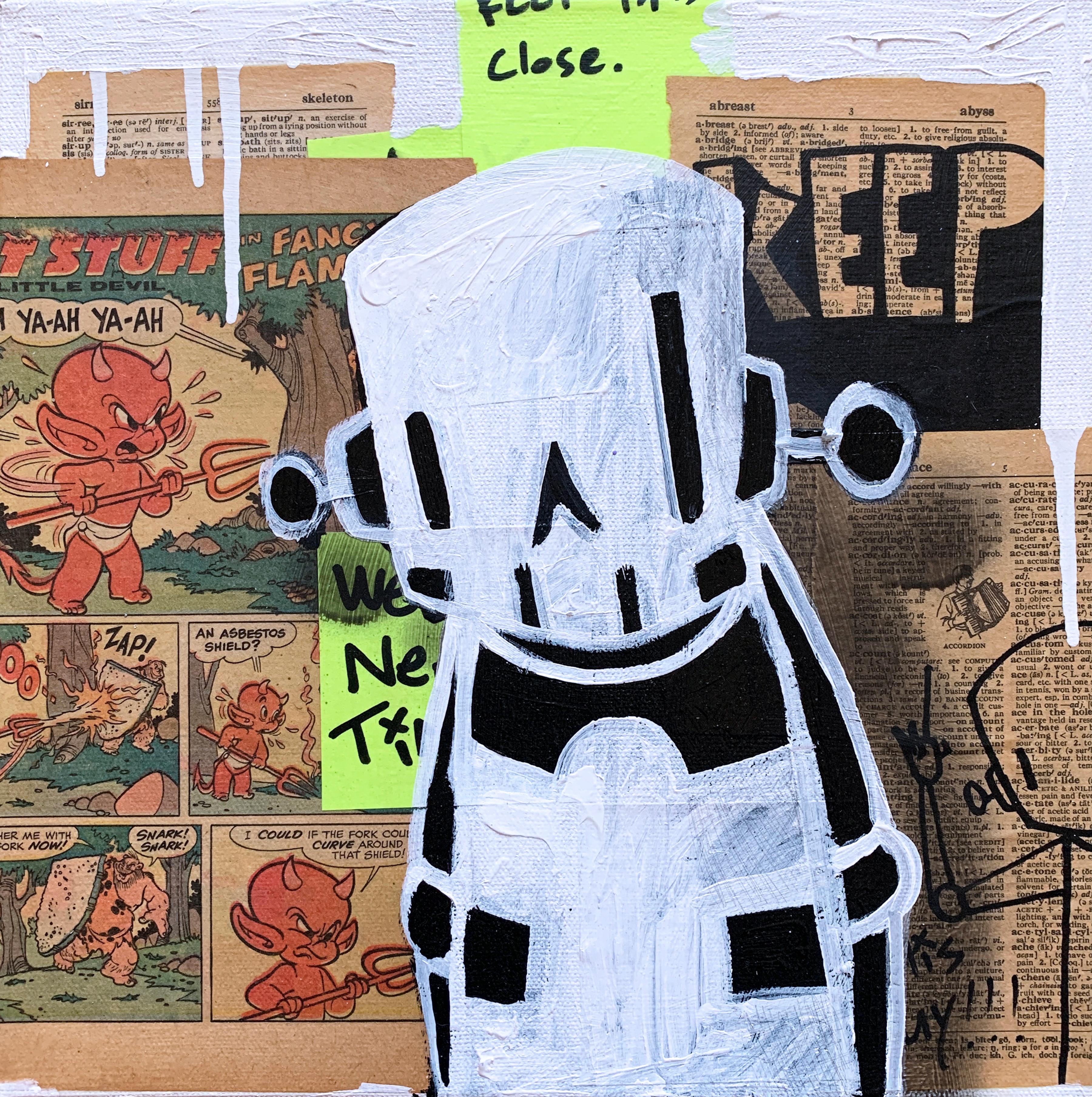 "Within Arms Length" (2022), Chris RWK street art, aerosol, drips, graffiti, illustration, street artist, vintage comics, Staten Island, NY, New York, NYC, character, robot, robots will kill, mixed media, spray paint, drip, splatter, text, paint