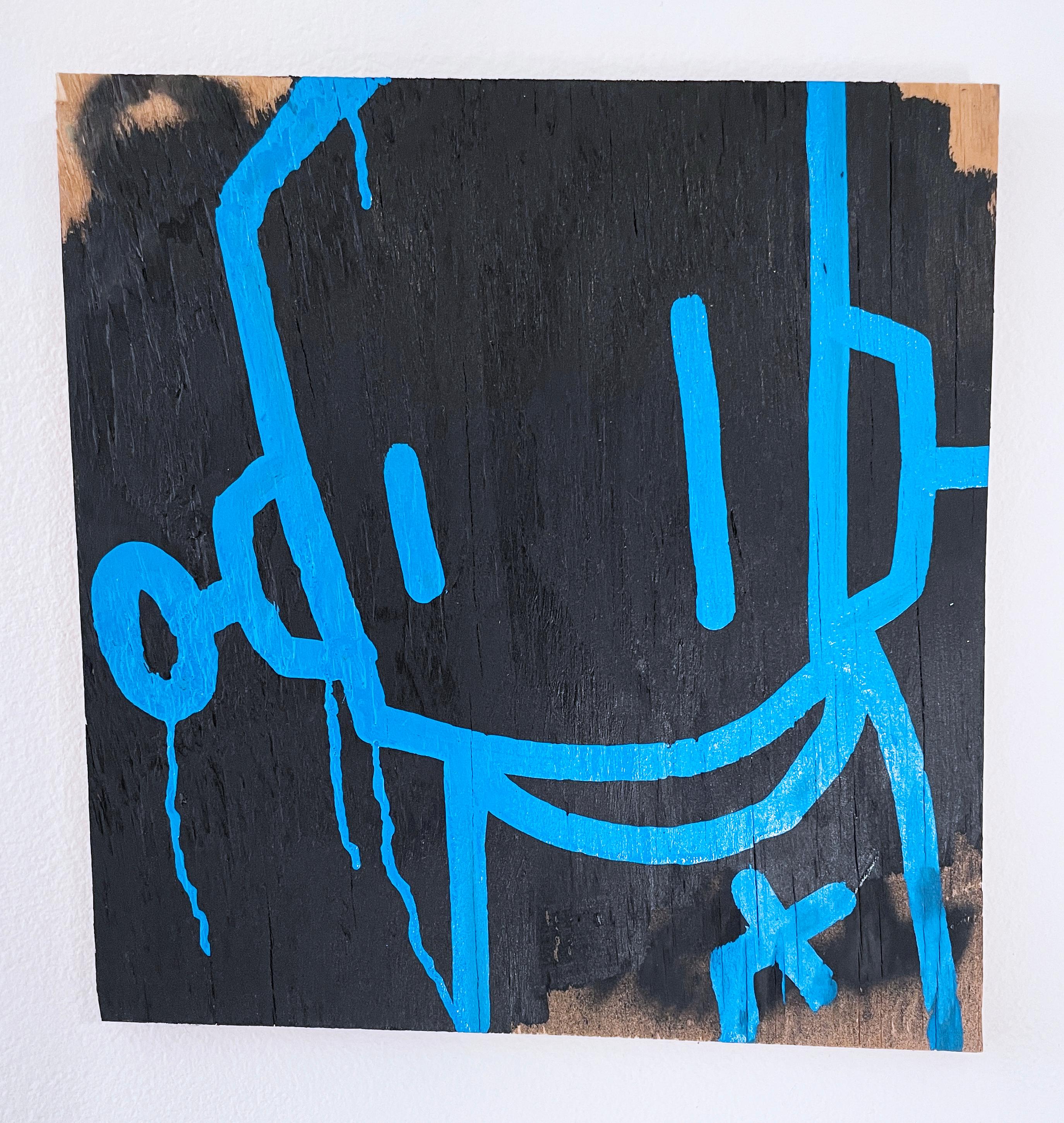 "Wood You Believe 2" (2022), Chris RWK street art, aerosol, drips, graffiti, illustration, street artist, Staten Island, NY, New York, NYC, character, robot, robots will kill, mixed media, spray paint, drip, splatter, paint marker, acrylic, wood.