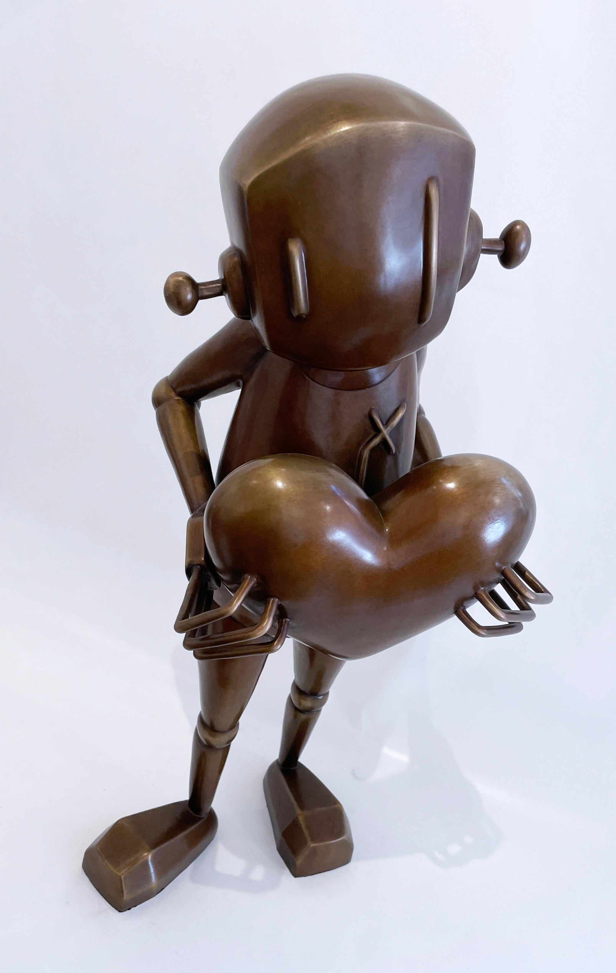 For Giving by Chris RWK, bronze sculpture, street art robot character with heart For Sale 1