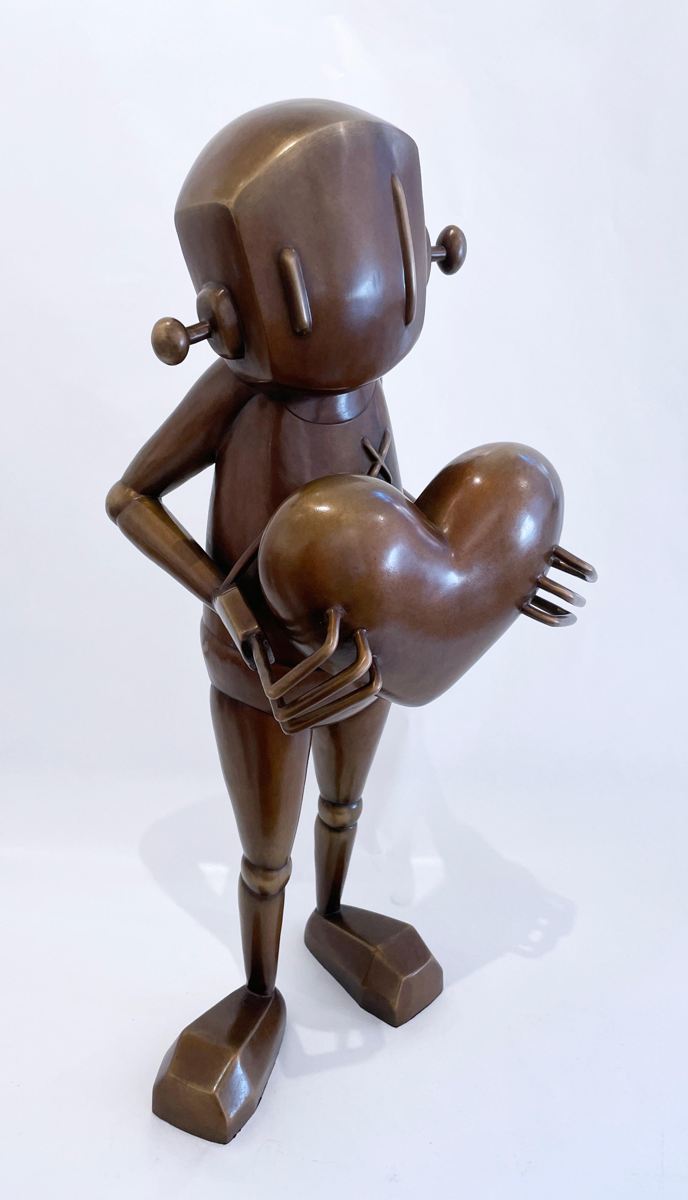 For Giving by Chris RWK, bronze sculpture, street art robot character with heart For Sale 2