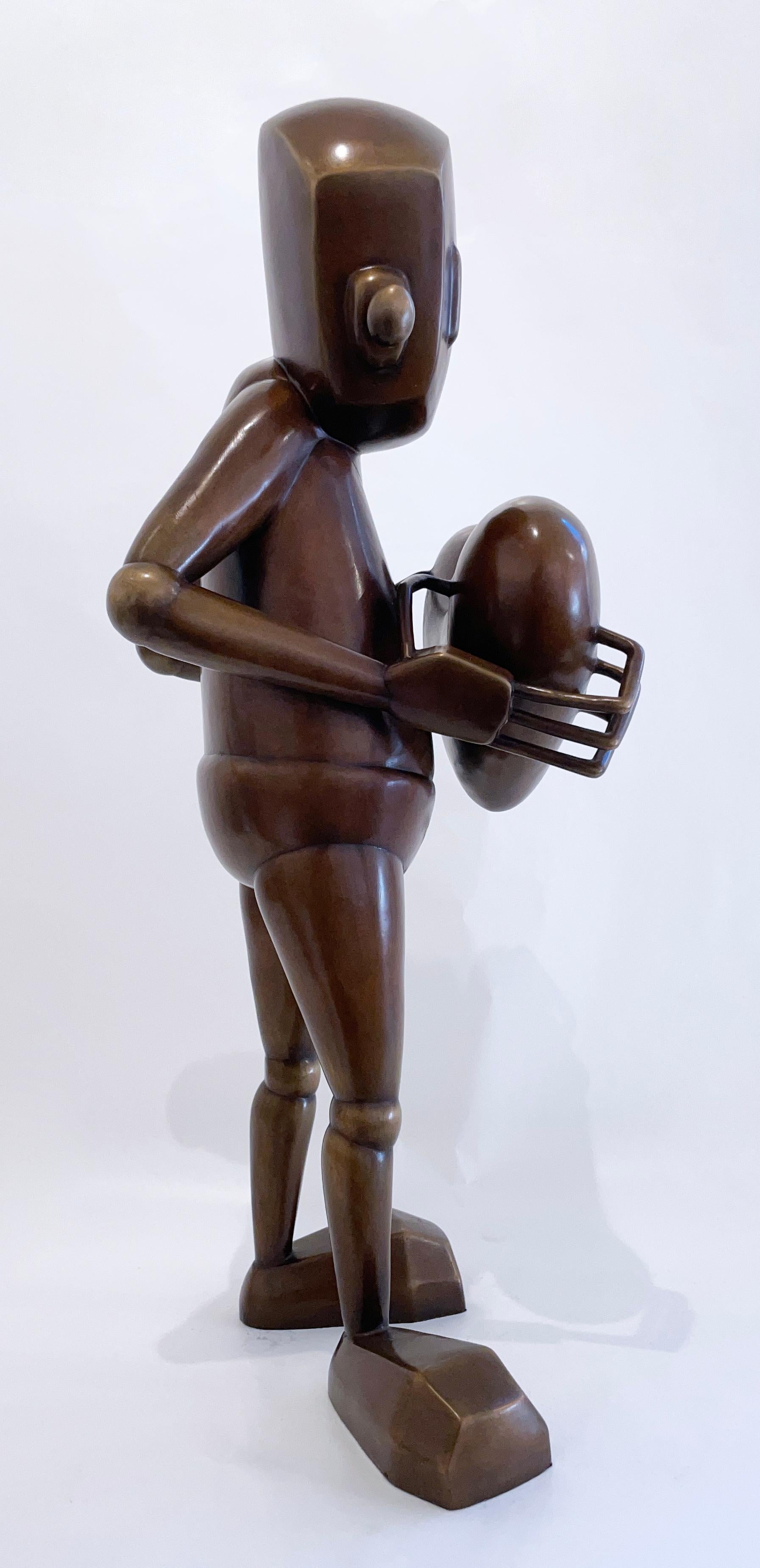 For Giving by Chris RWK, bronze sculpture, street art robot character with heart 2
