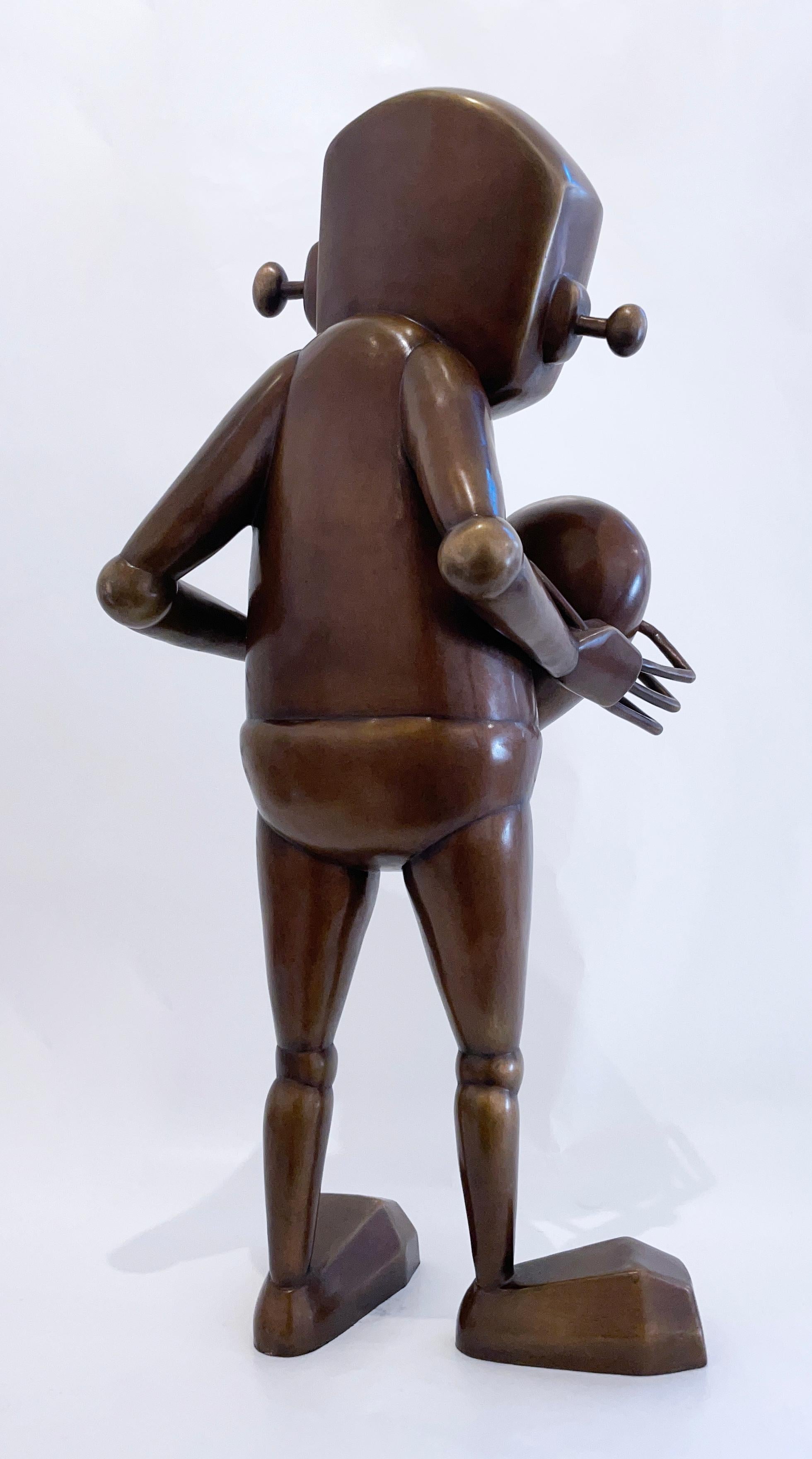 For Giving by Chris RWK, bronze sculpture, street art robot character with heart 4