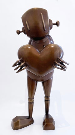 For Giving by Chris RWK, bronze sculpture, street art robot character with heart