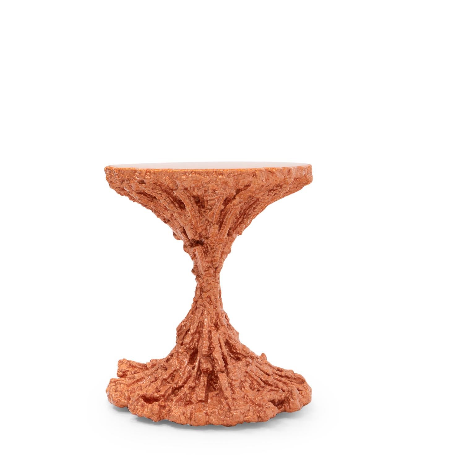 The Column side table by Chris Schanck is a typical example of his signature “Alufoil” technique, where aluminum foil is hand-applied over a sculpted polystyrene and steel form, then sealed in resin. 

Made in his Detroit studio, this unique piece