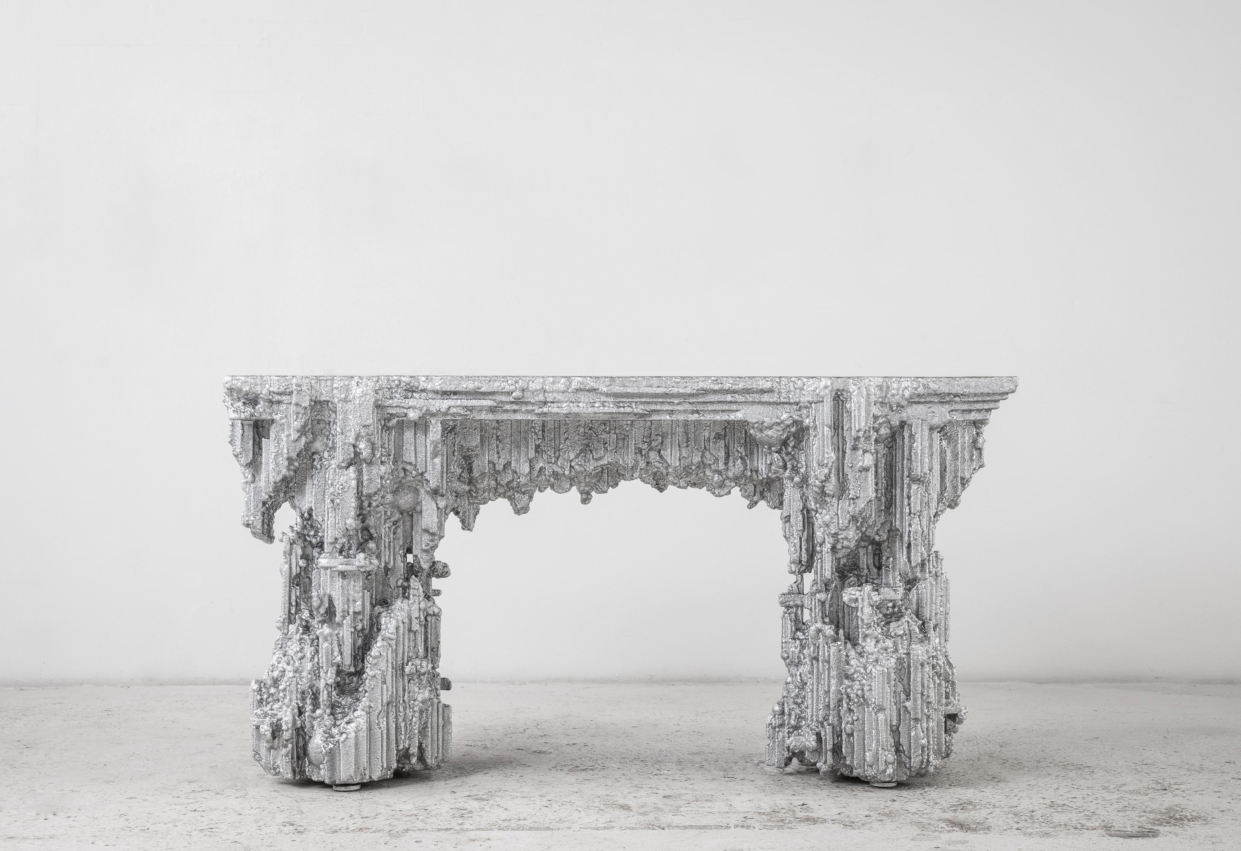 Chris Schanck [American, b. 1975]
Grotto Console (Silver), 2018
Steel, wood, polystyrene, resin, aluminum foil
31 x 60 x 18 inches
79 x 152.5 x 46 cm

Designer Chris Schanck’s work embraces the tension between dilapidation and opulence, asking
