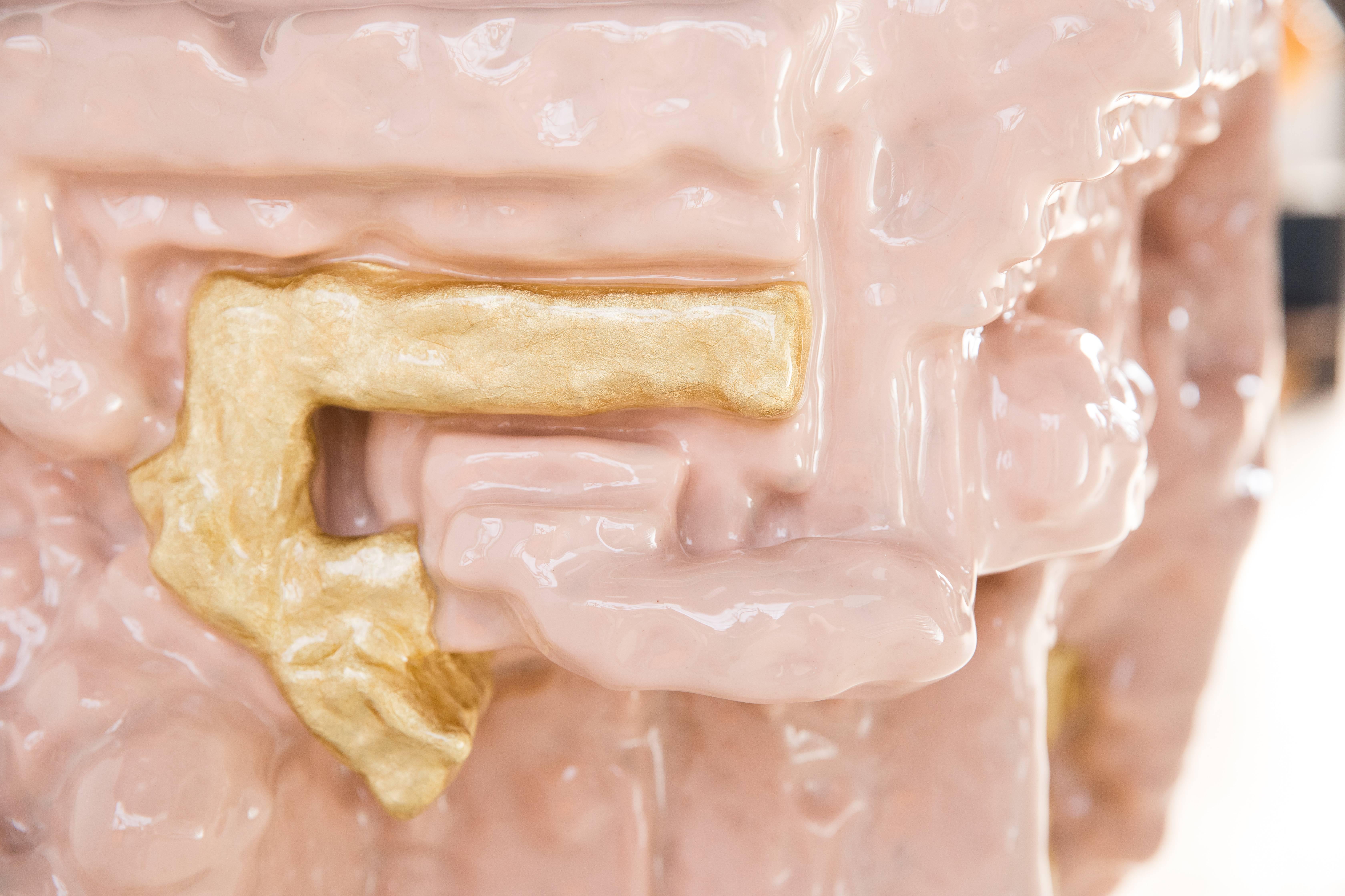 American Chris Schanck, ’Fleshbot’ Side Table, Pink, Gold, Aluminum, Clay, Resin, 2018