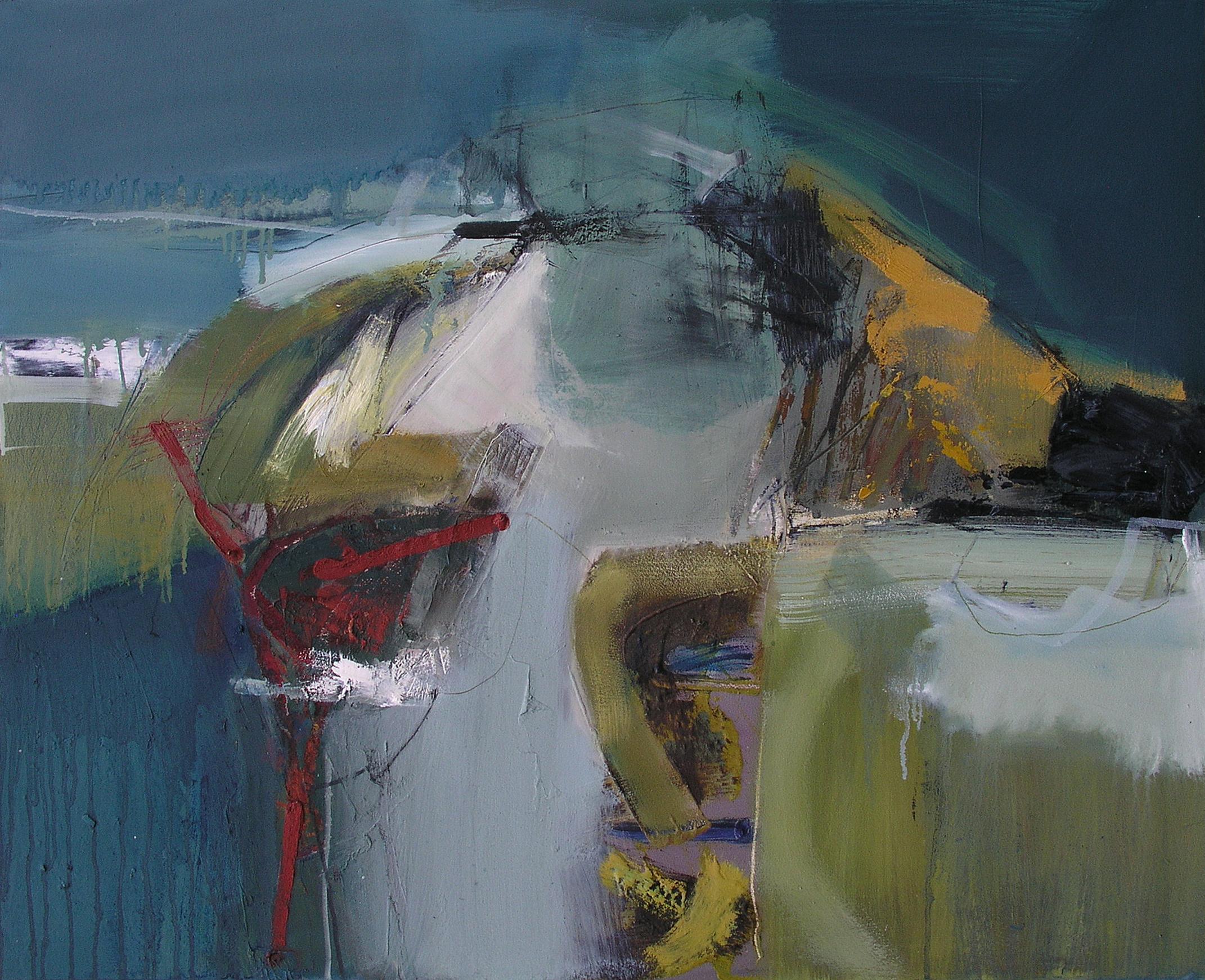 Arc Response: Gestural Abstract Landscape Painting with Blue, Green and Red