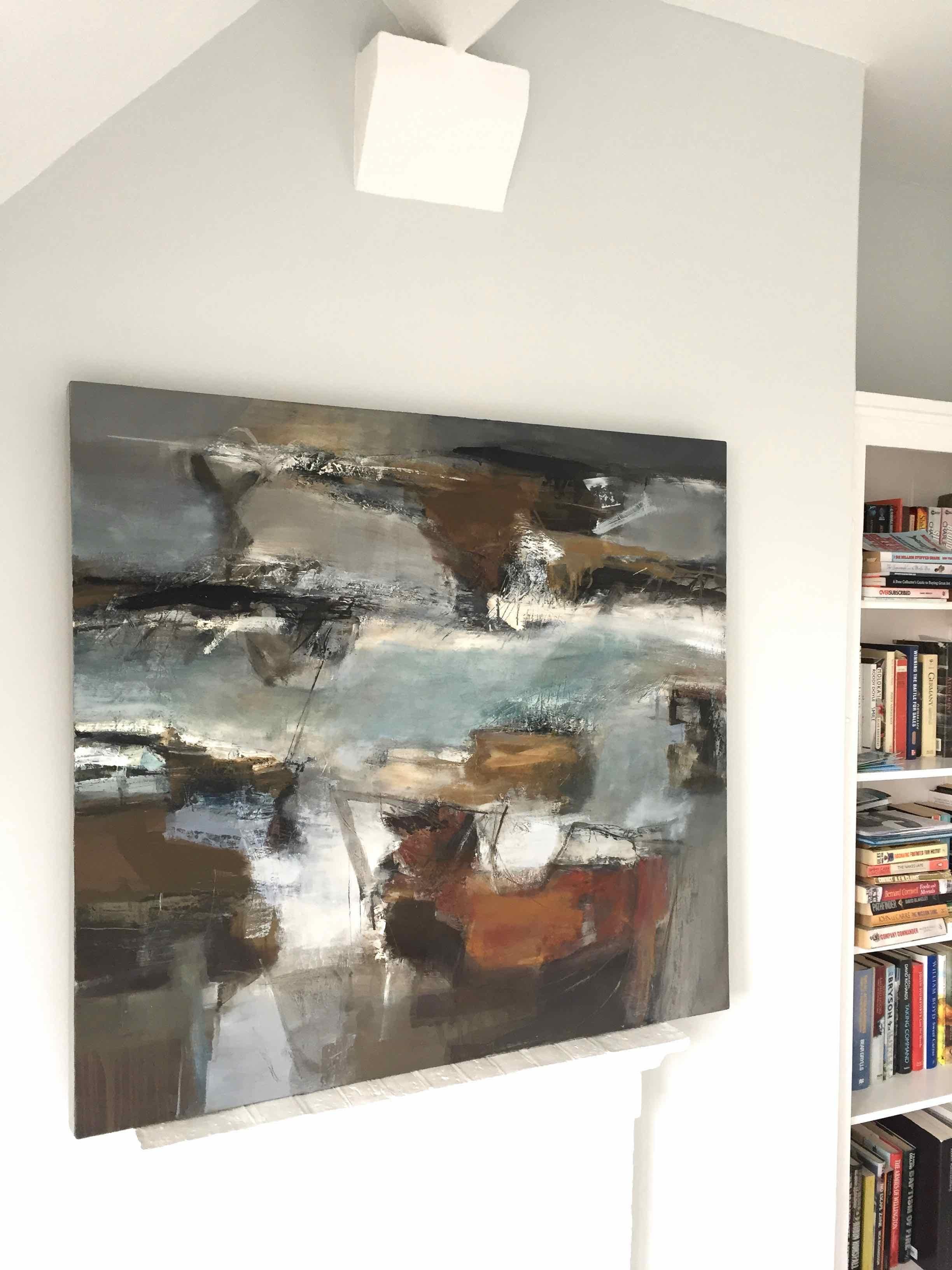 Sea Change: Gestural Abstract Landscape Oil Painting in Earth Tones - Gray Landscape Painting by Chris Sims