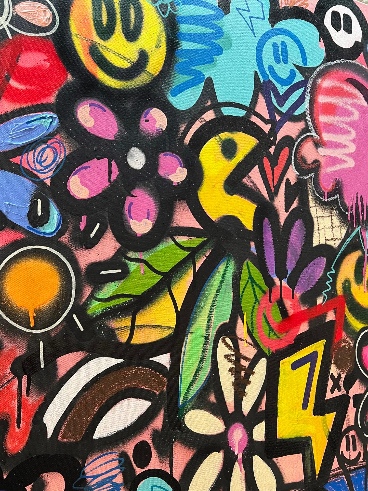 Bouquet No. 1, großes Blumenstillleben mit Graffiti, Acryl auf Leinwand, 2022 – Painting von Chris Solcz