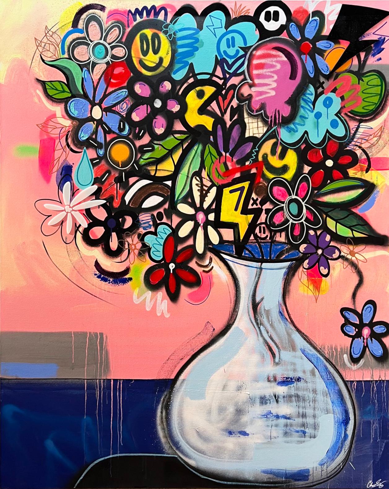 Chris Solcz Abstract Painting – Bouquet No. 1, großes Blumenstillleben mit Graffiti, Acryl auf Leinwand, 2022