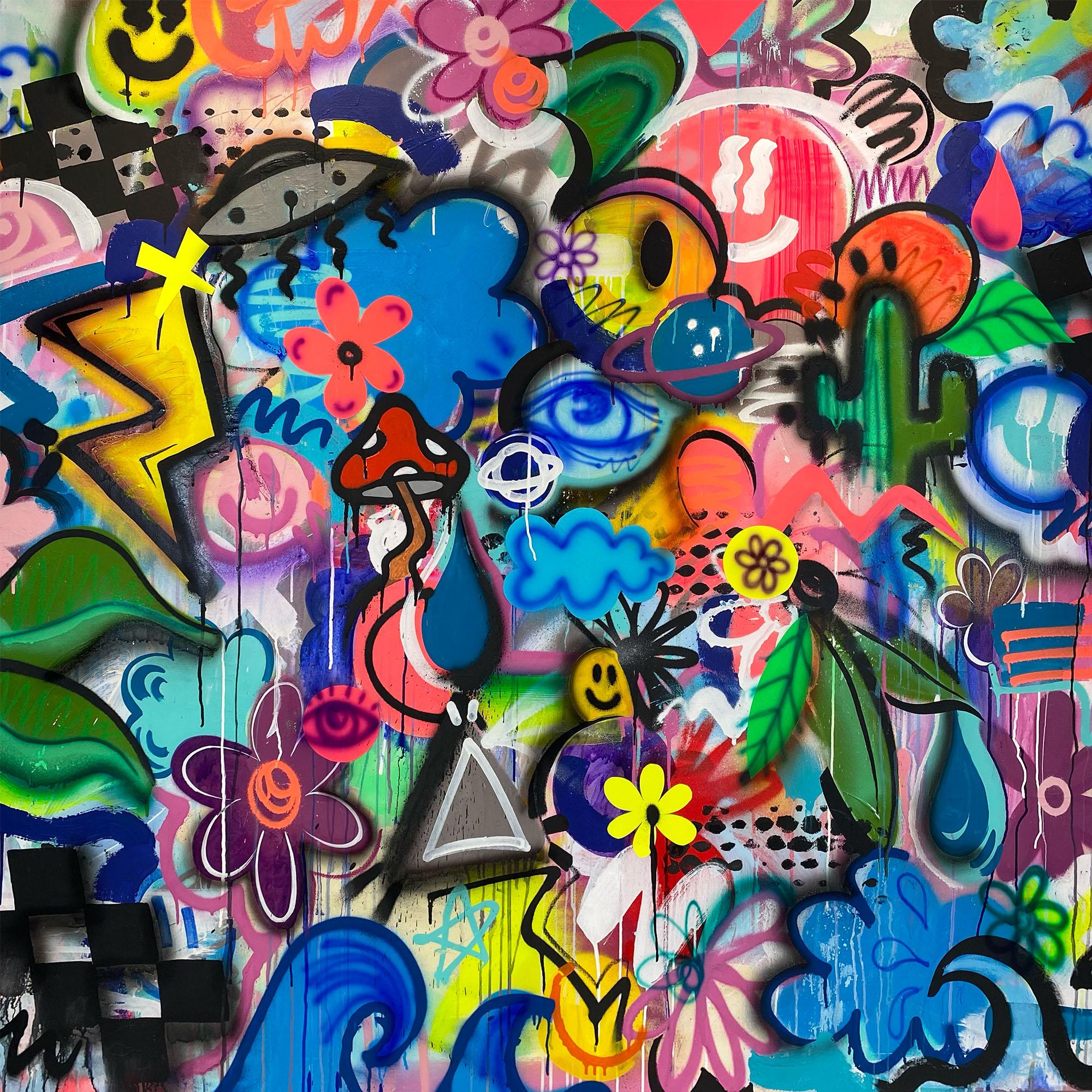 Galactic Gardens, bright happy maximalist graffiti abstract on canvas - Painting by Chris Solcz