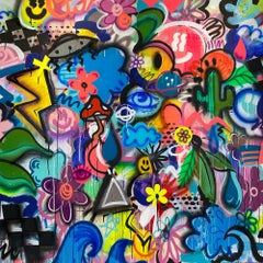 Galactic Gardens, bright happy maximalist graffiti abstract on canvas