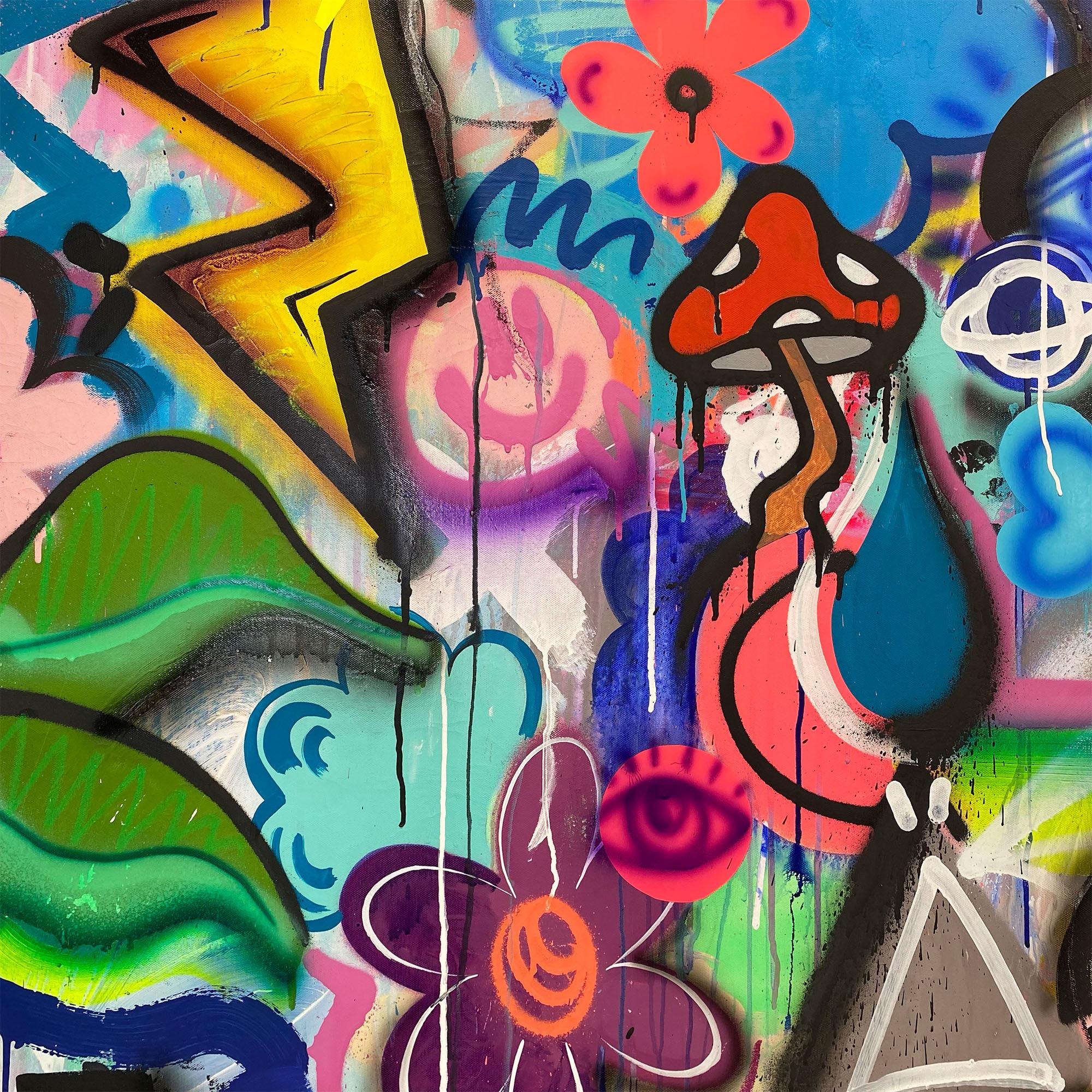 Galactic Gardens, bright happy maximalist graffiti abstract on canvas - Abstract Painting by Chris Solcz