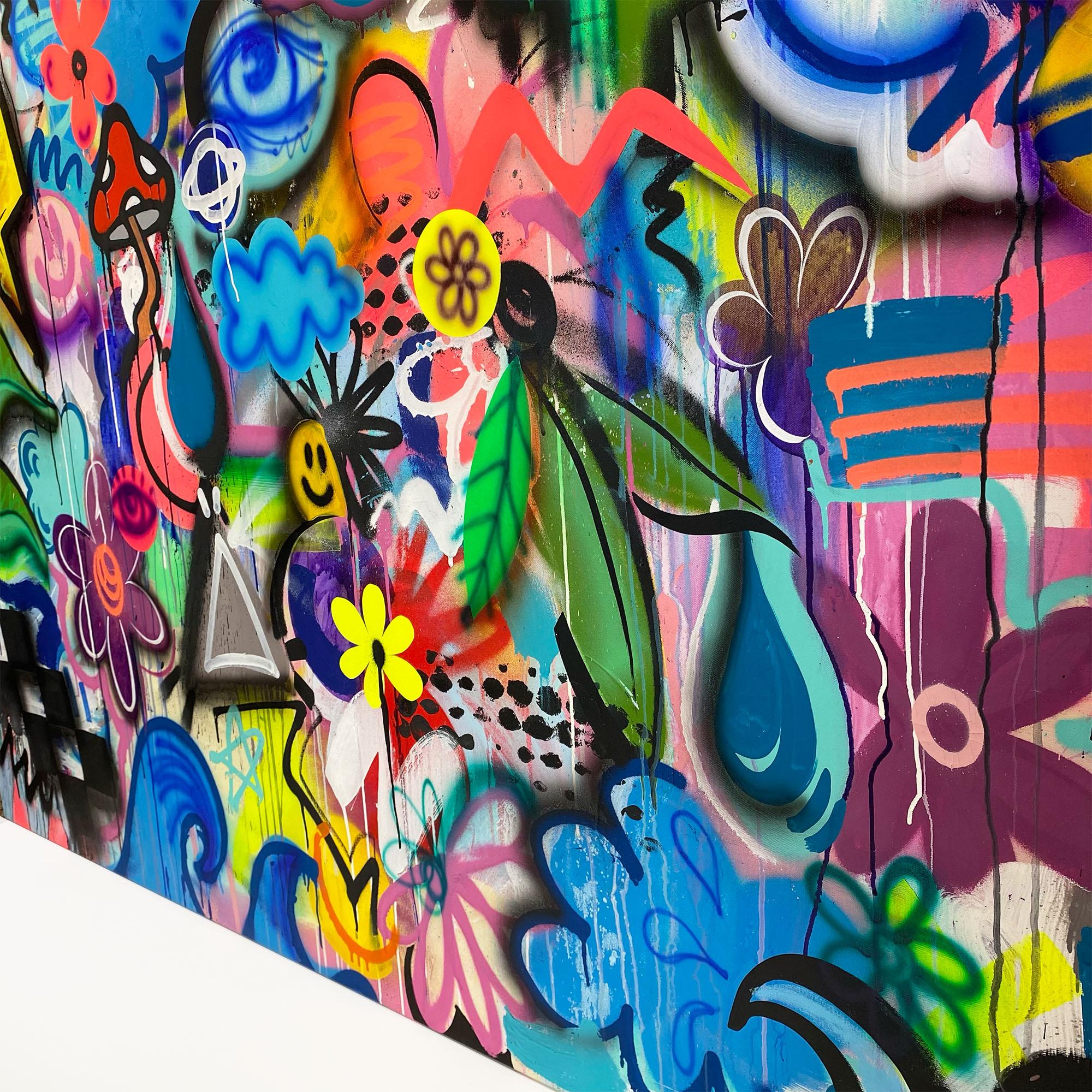 Galactic Gardens, bright happy maximalist graffiti abstract on canvas - Black Abstract Painting by Chris Solcz