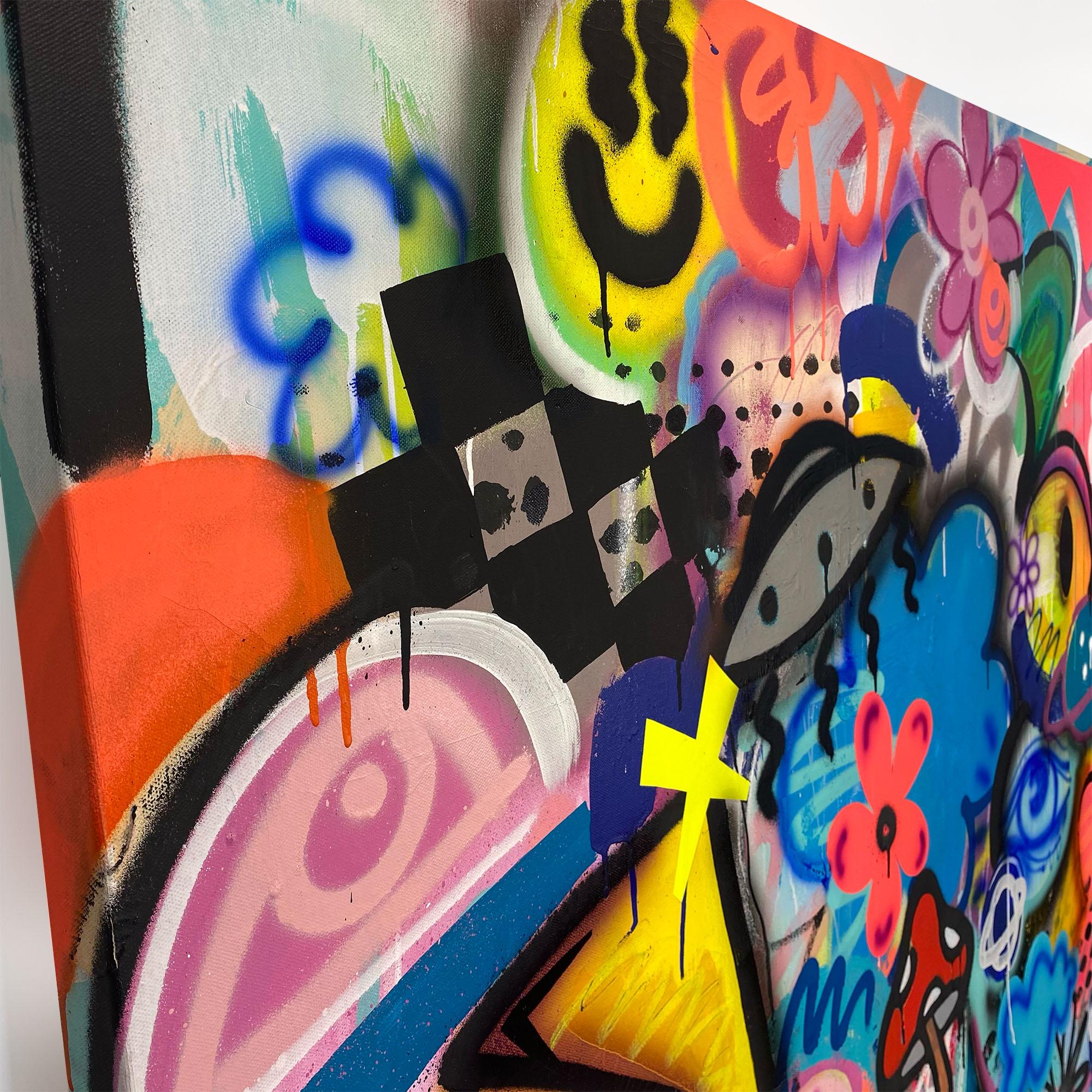 Galactic Gardens, bright happy maximalist graffiti abstract on canvas For Sale 1